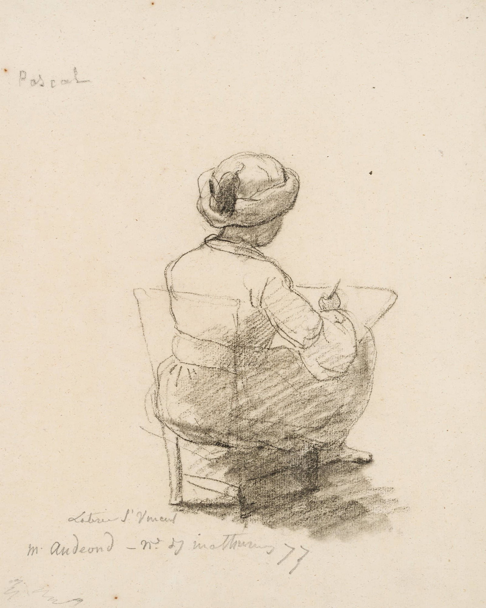 Unknown (19th), Artist wearing a turban (Pascal), around 1830, Charcoal: Unknown (19th century): Draughtsman with turban in back view (Pascal), c. 1830, Charcoal Technique: Charcoal on Paper Inscription: Upper left inscribed by the artist's hand: "Pascal". General informat
