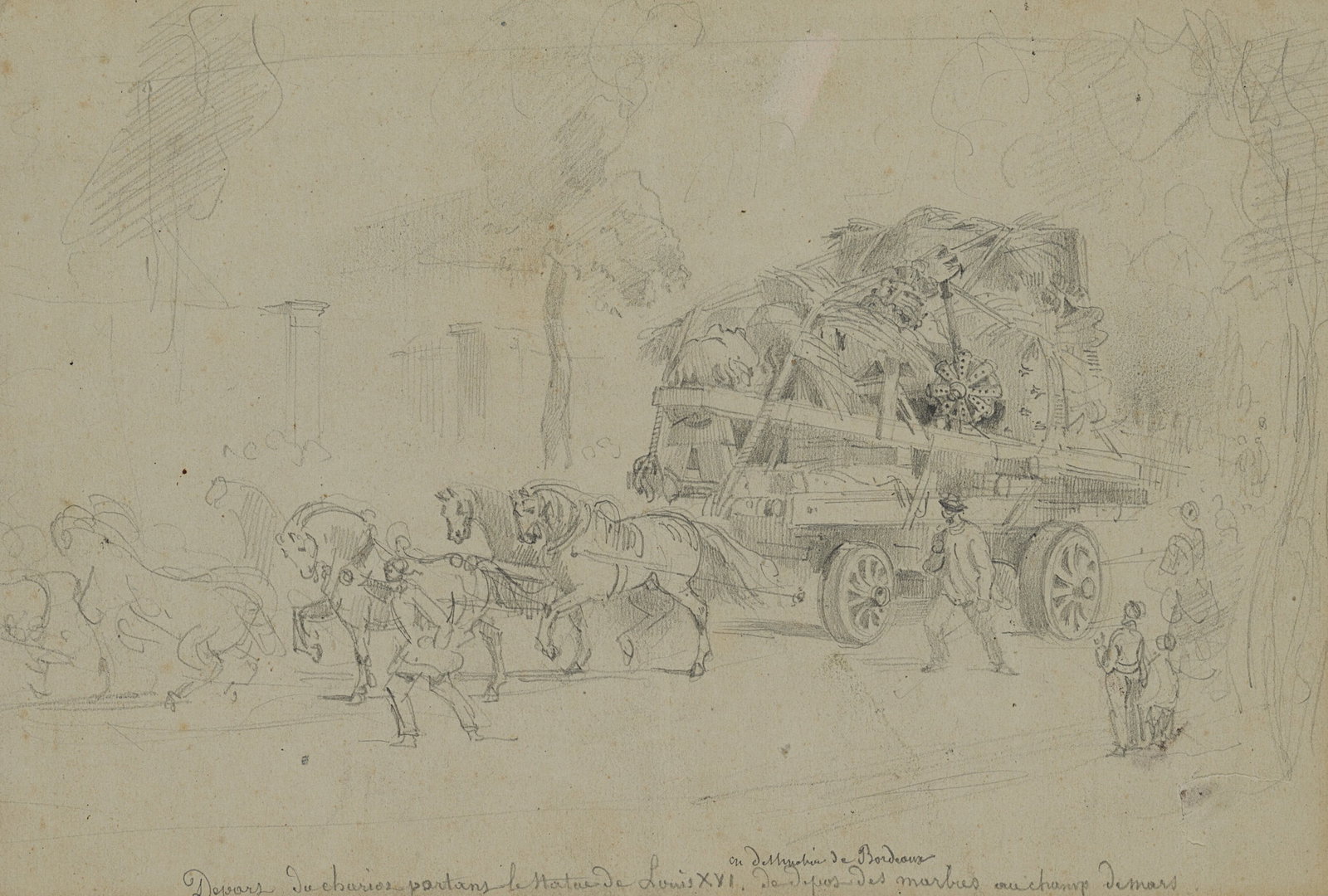 Unknown (19th), Transport of the statue of Louis XVI after it was taken to Bordeaux, 1869, Pencil: Unknown (19th century): Transport of the large statue of Louis XVI to Bordeaux in a large horse-drawn carriage, 1869, Pencil Technique: Pencil on Paper Inscription: At the lower part inscribed by the 