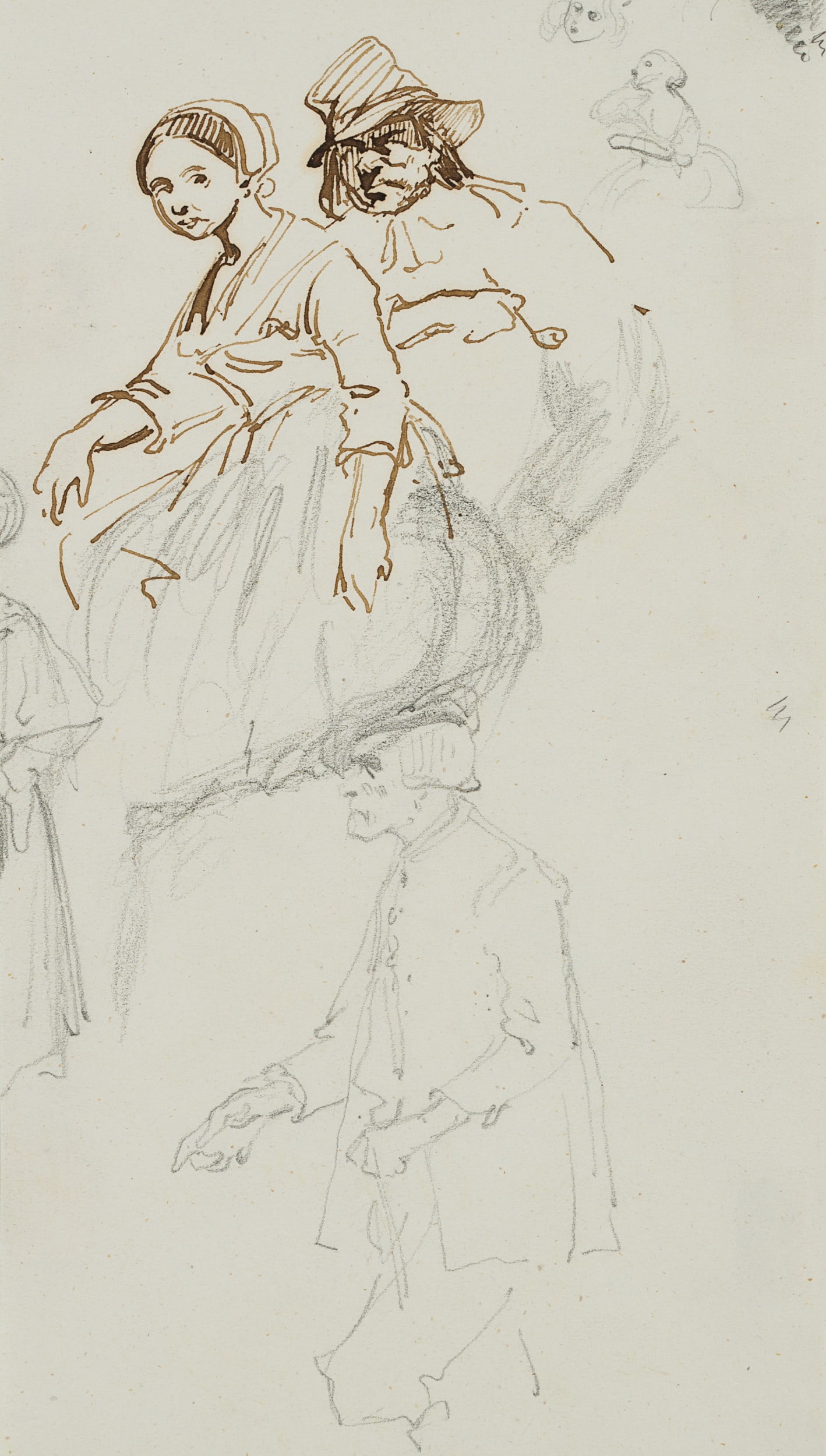 Unknown (19th), Figure studies in simple traditional dress, Pencil: Unknown (19th century): Figure studies in simple costume A lady with a headscarf and two gentlemen, 19th century, Pencil Technique: Pencil and Pen drawing on Paper Date: 19th century Description: Sket