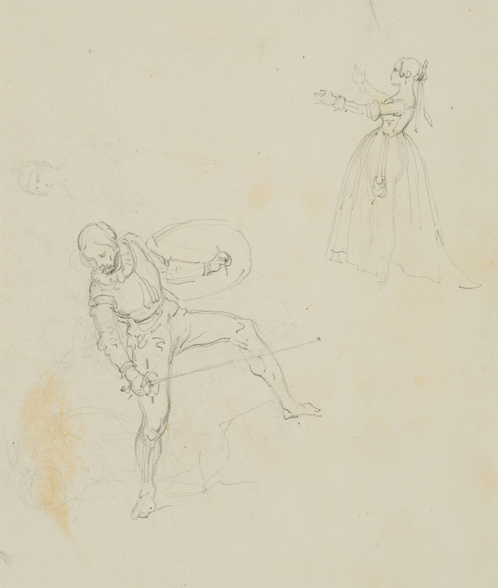 Unknown (19th), Costume study. Warrior with a rapier and a noble lady, Pencil: Unknown (19th century): Costume study Fighter with rapier and shield and noblewoman with outstretched arms, 19th century, Pencil Technique: Pencil on Paper, mounted on Paper Date: 19th century Descrip