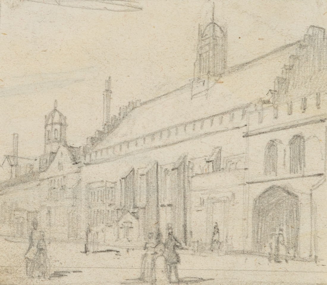 Unknown (19th), A view down a London street, Pencil: Unknown (19th century): View of a London street with pedestrians, 19th century, Pencil Technique: Pencil on Paper Date: 19th century Keywords: 19th century, Romanticism, Cities, United Kingdom, Size: 