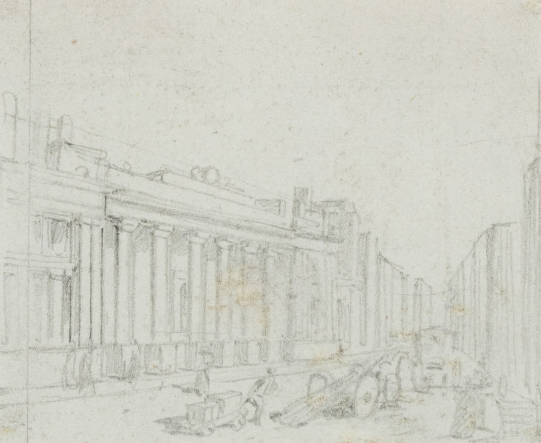 Unknown (19th), A London street with stately façades featuring columns, Pencil: Unknown (19th century): London street with representative facades with columns, 19th century, Pencil Technique: Pencil on Paper Date: 19th century Keywords: City centre, Representative, Column, Portal