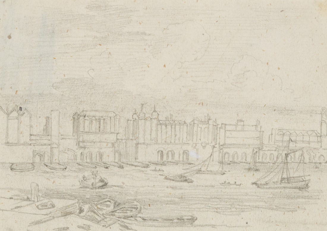 Unknown (19th), View across the Thames, London, Pencil: Unknown (19th century): View over the Thames with ships and building facades on the opposite side, London, 19th century, Pencil Technique: Pencil on Paper Date: 19th century Keywords: city view, capit