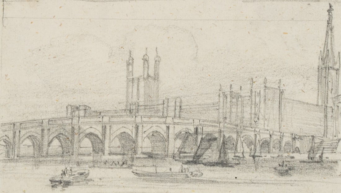 Unknown (19th), View of Westminster Bridge, Pencil: Unknown (19th century): View of Westminster Bridge with Big Ben and the towers of Westminster Hall, 19th century, Pencil Technique: Pencil on Paper Date: 19th century Keywords: city view, capital, shi