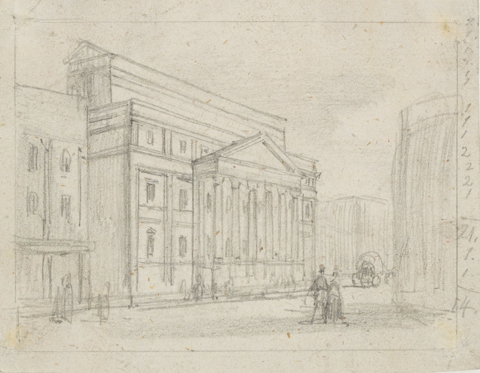 Unknown (19th), Architecture in central London, Pencil: Unknown (19th century): View of a prestigious building with portico and columns in the centre of London on the forecourt with staffage figures, 19th century, Pencil Technique: Pencil on Paper Date: 19