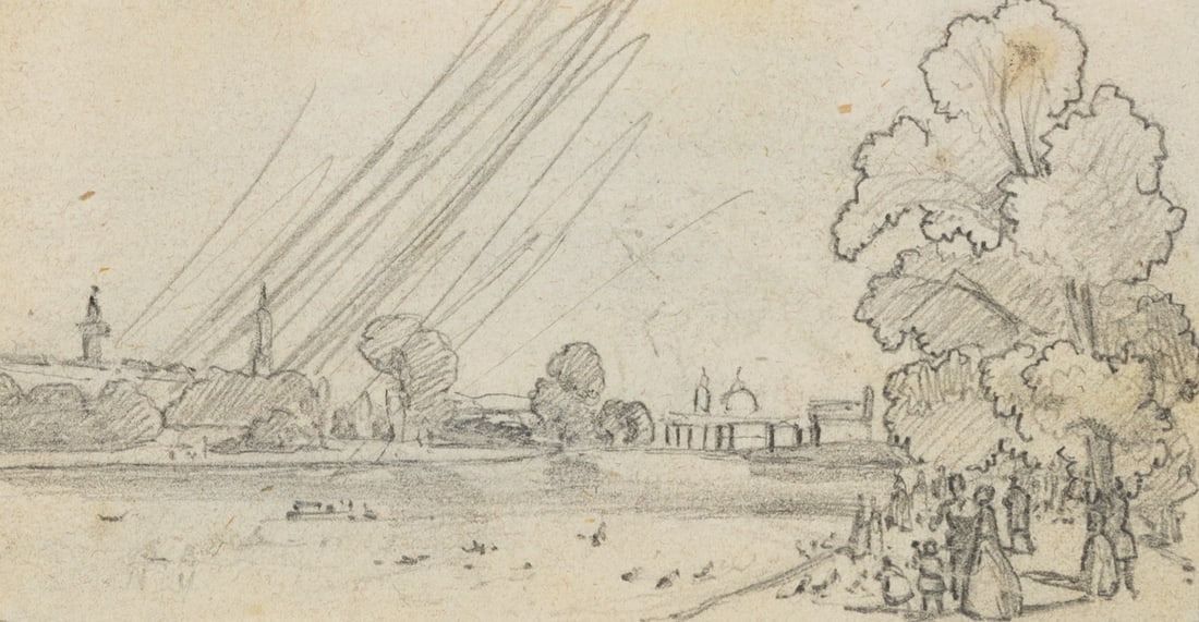Unknown (19th), A river with people strolling along it and the town in the distance, Pencil: Unknown (19th century): Walkers by the river under a large tree with a silhouette of a city in the distance, 19th century, Pencil Technique: Pencil on Paper Date: 19th century Verso: Landscape sketch 