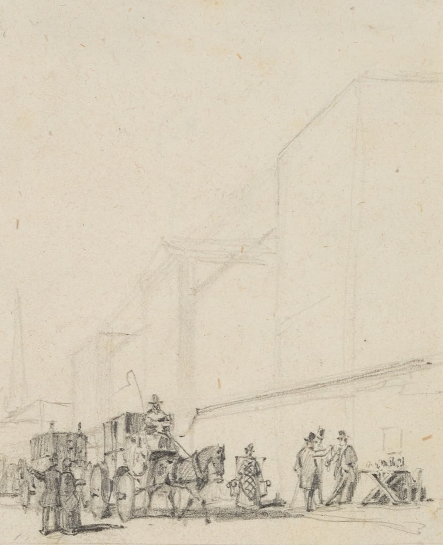 Unknown (19th), A street with carriages and street vendors, Pencil: Unknown (19th century): Sketch of a busy street with carriages and street vendors, 19th century, Pencil Technique: Pencil on Paper Date: 19th century Description: Sketch of a street scene. The house f