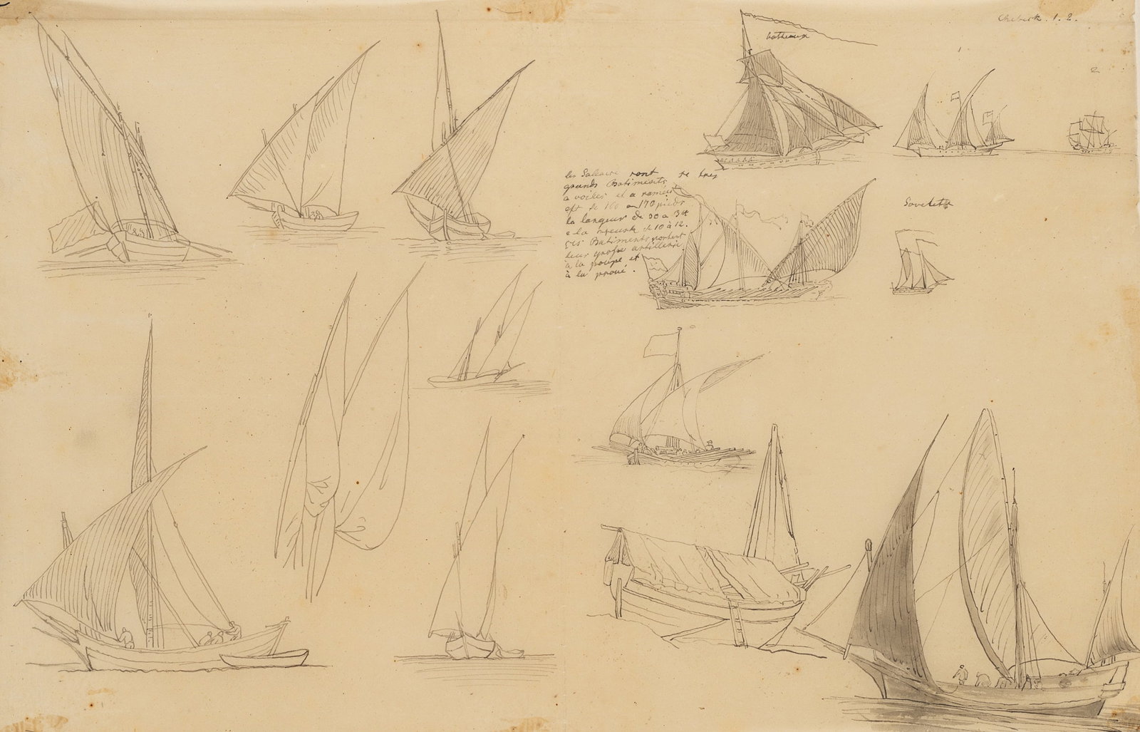 Unknown (19th), Sailing boats from various perspectives, Pen drawing: Unknown (19th century): Sailboats in different perspectives and sailing positions, 19th century, Pen drawing Technique: Pen drawing on Transparent paper, mounted on Paper Date: 19th century Descriptio