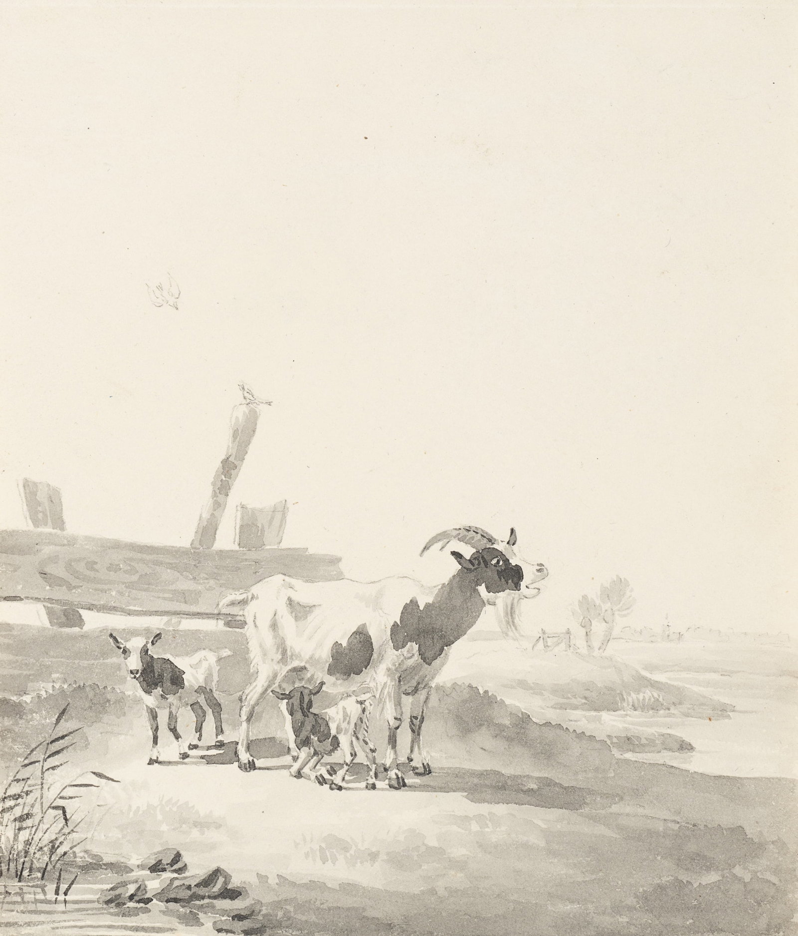 Unknown (19th), Idyllic goat landscape, around 1840, Indian ink: Unknown (19th century): Idyllic goat landscape Rural scenes from the life of a goat family, c. 1840, Indian ink Technique: Indian ink on Paper Inscription: Lower right inscribed on the support: "Osten