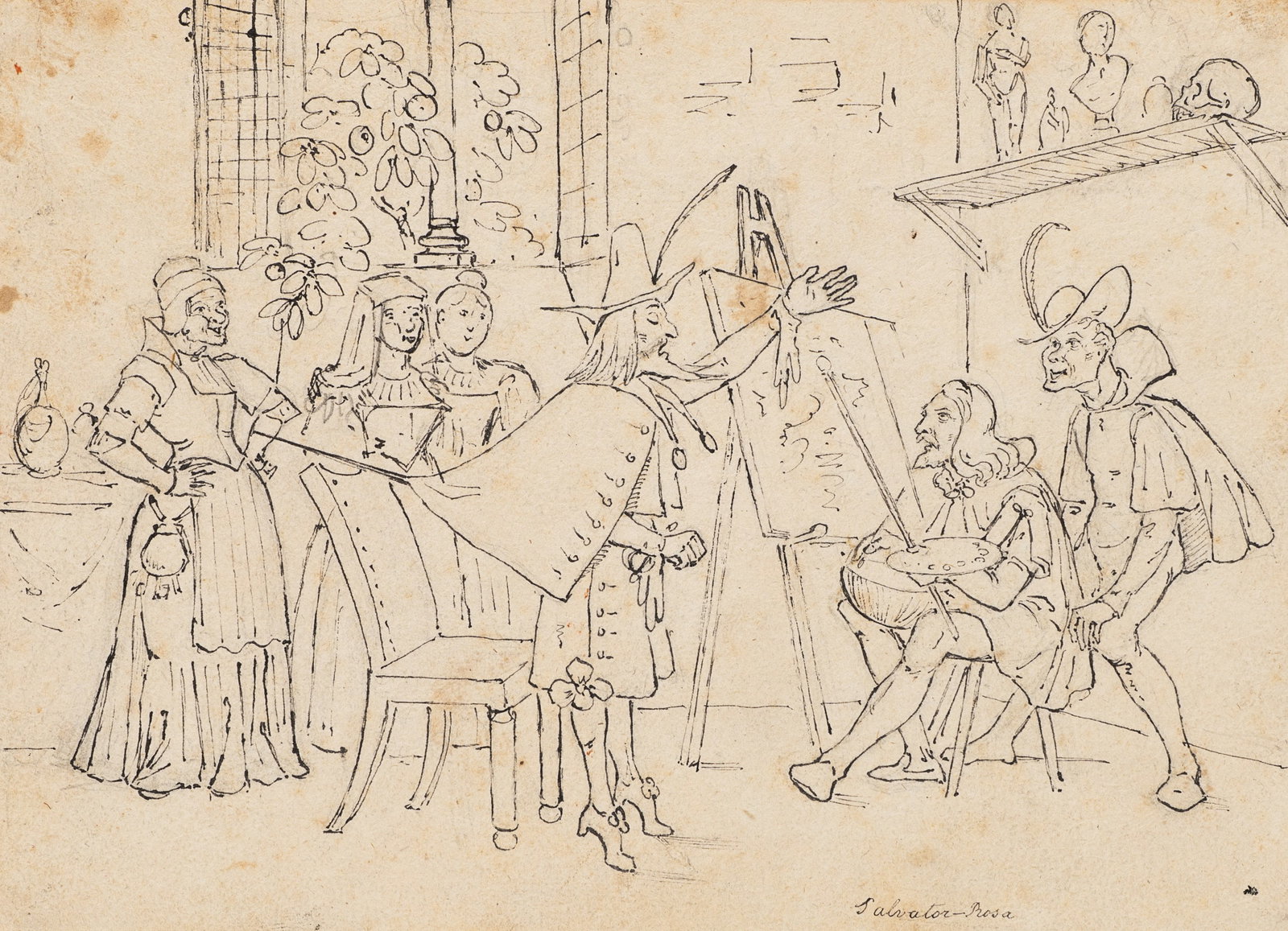 Unknown (19th), Artists and the audience, around 1840, Pen drawing: Unknown (19th century): Artist and spectator scene Humorous portrayal of an artist among spectators, c. 1840, Pen drawing Technique: Pen drawing on Paper Inscription: Lower right inscribed: "Salvator 