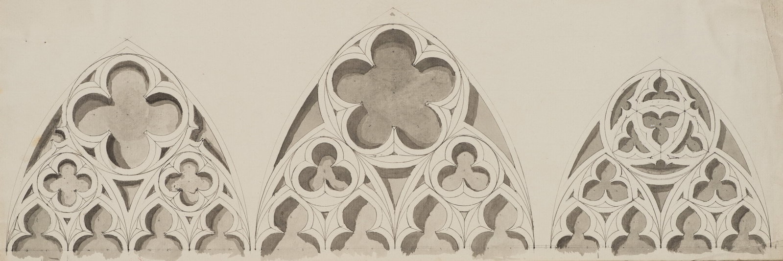 Unknown (19th), Gothic tracery windows, around 1830, Pen drawing: Unknown (19th century): Study of Gothic tracery windows with quatrefoil, c. 1830, Pen drawing Technique: Pen drawing on Paper Inscription: Lower right inscribed on the support: "[...]". Date: c. 1830 
