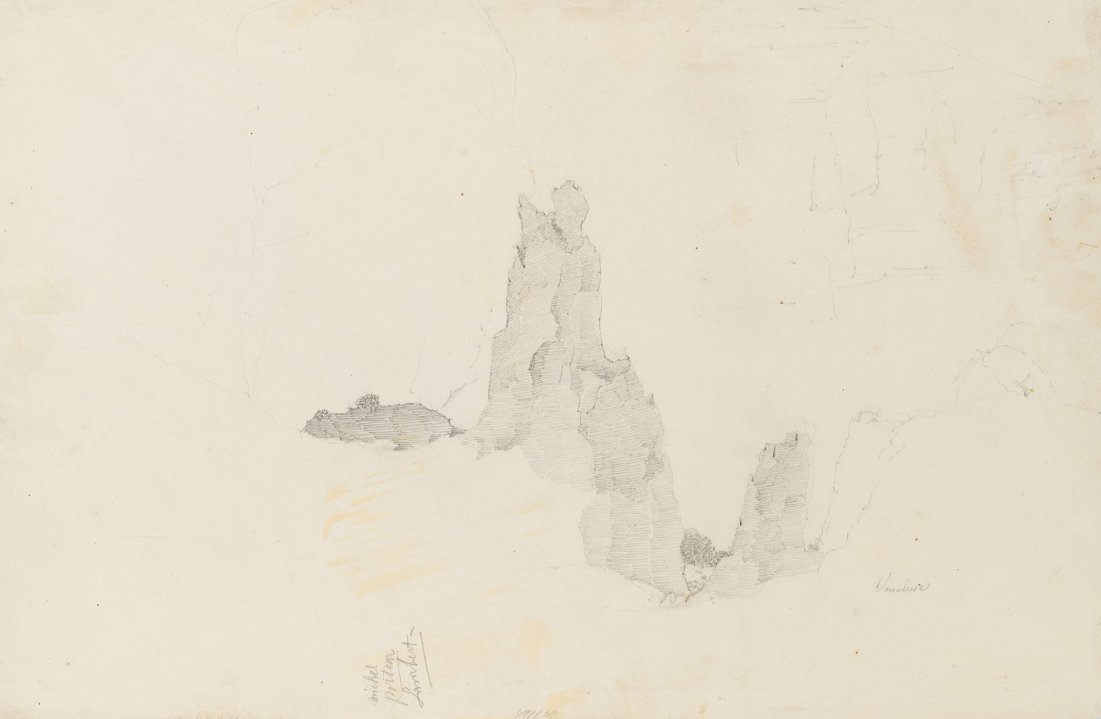 Unknown (19th), Rock formation in Vaucluse, Pencil: Unknown (19th century): Sketch of a rock formation in Vaucluse, 19th century, Pencil Technique: Pencil on Paper Inscription: At the lower part further inscription: "Michel Porteur Lambert". Date: 19th
