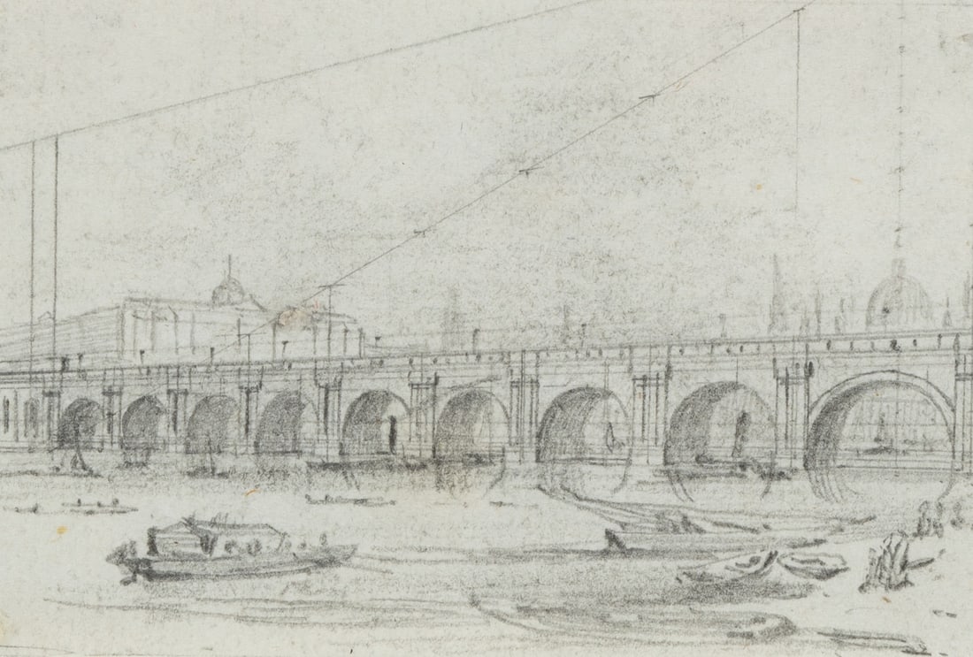 Unknown (19th), View of London with Waterloo Bridge, Pencil: Unknown (19th century): View of London with Waterloo Bridge seen from the Southbank, with Somerset House in the left background and St Paul's Cathedral in the right background, 19th century, Pencil Te