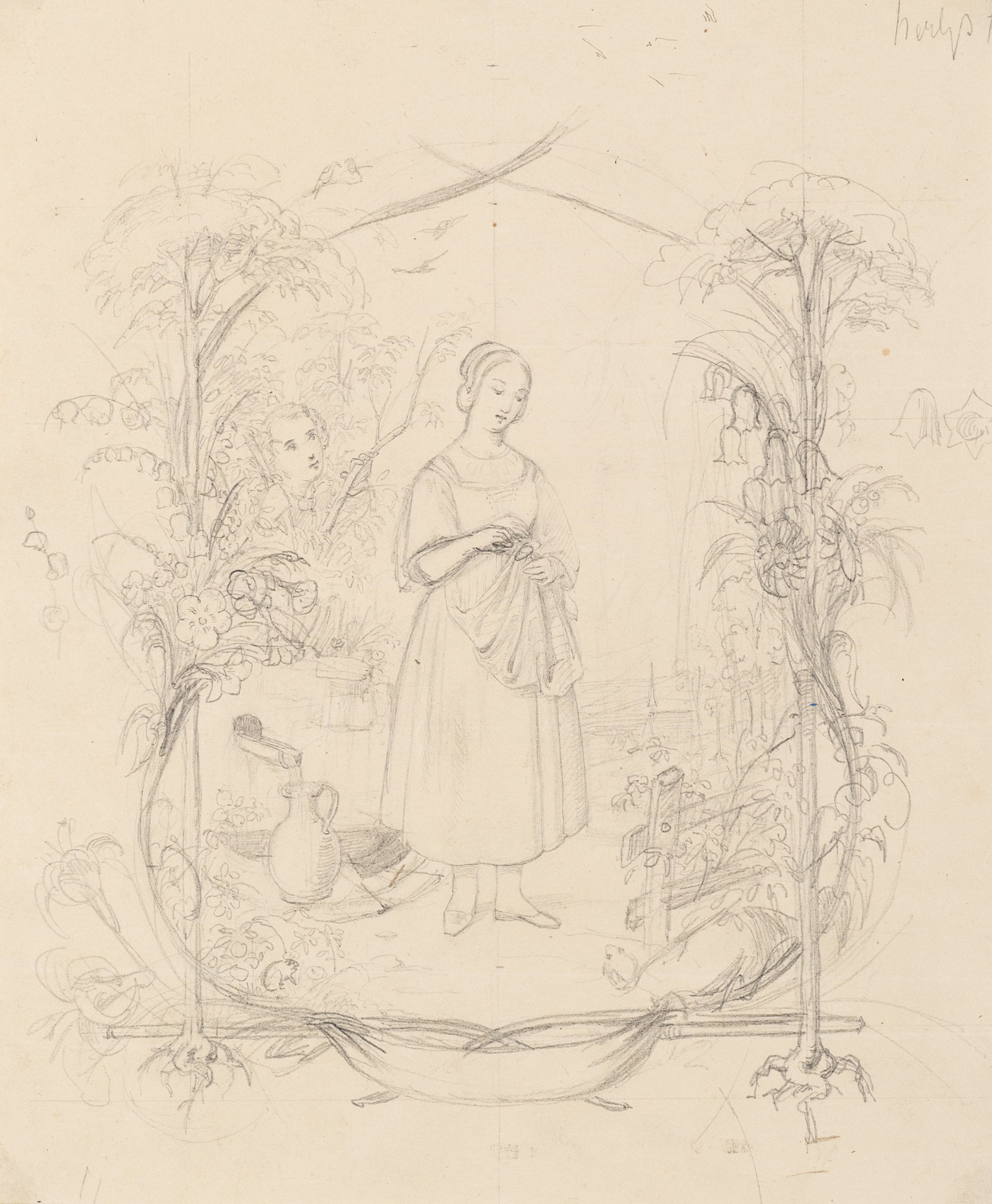 Unknown (19th), Woman in a rural garden, around 1840, Pencil: Unknown (19th century): Woman in rural garden Woman and child in rural garden with natural surroundings, c. 1840, Pencil Technique: Pencil on Paper Inscription: Lower right inscribed: "Herrmann". Date