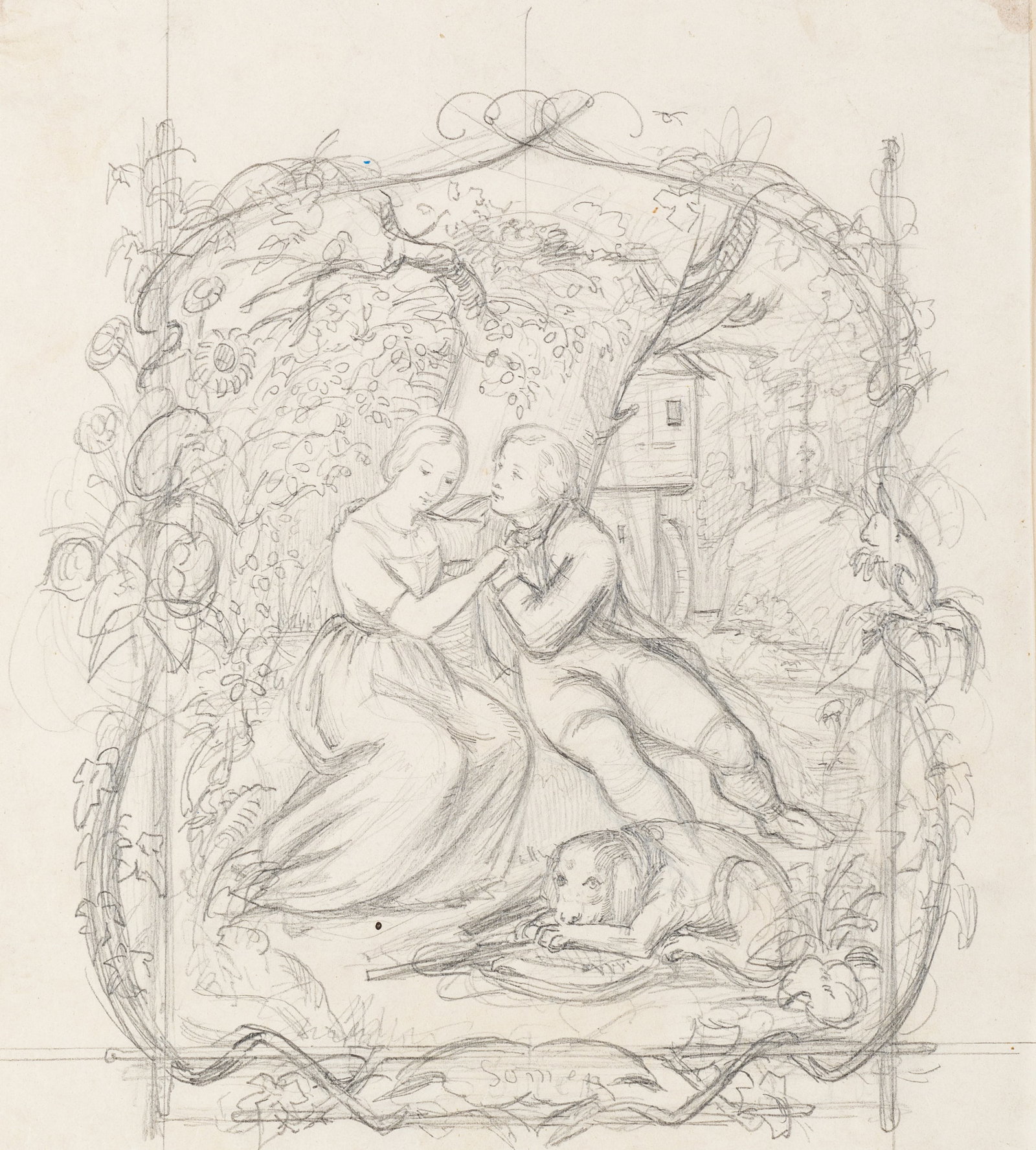 Unknown (19th), An affectionate couple in the garden with their dog, around 1840, Pencil (1 of 5)