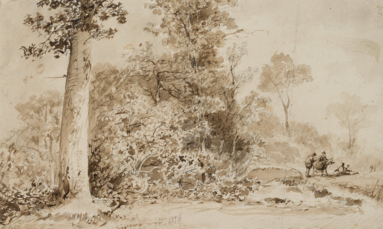 Unknown (19th), Woodland scene with brushwood gatherers, 1856, Brush drawing: Unknown (19th century): Woodland scene with brushwood gatherers, 1856, Brush drawing Technique: Brush drawing on Paper Inscription: dated at the bottom: "22[...] 1856" Date: 1856 Keywords: France; Lan
