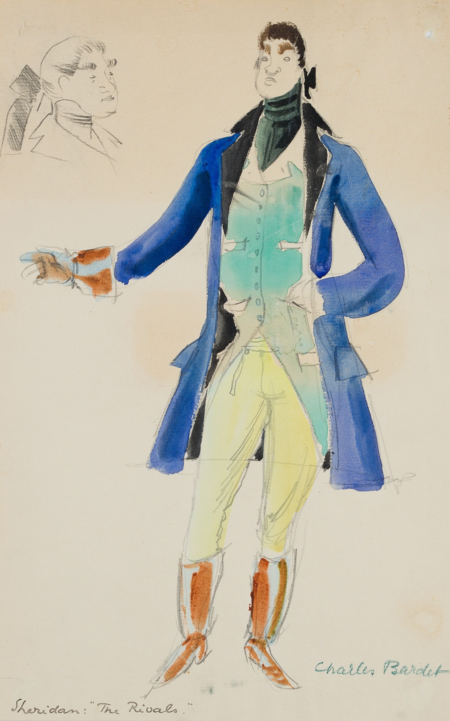 C. BARDET (1911-1987), Sheridan The Rivals, men’s fashion, Pencil: Charles-Edouard Bardet (1911 Neuchâtel - 1987 Zurich): Costume Study for Sheridan "The Rivals", Men's Fashion, 20th century, Pencil Technique: Watercolored Pencil on Paper Inscription: Lower right si