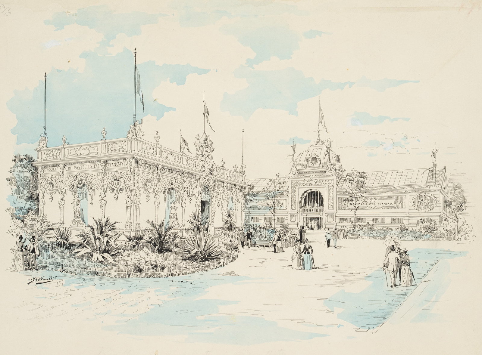 L. BERTRAULT (19,20th), Pavilion of Pastel and Watercolour Artists, around 1900, Pen drawing: Louis Bertrault (19./20. century): Pavillon des Pastellistes et Aquarellistes World Exhibition 1900, Paris, c. 1900, Pen drawing Technique: Pen drawing on Cardboard Inscription: lower left signed: "L.