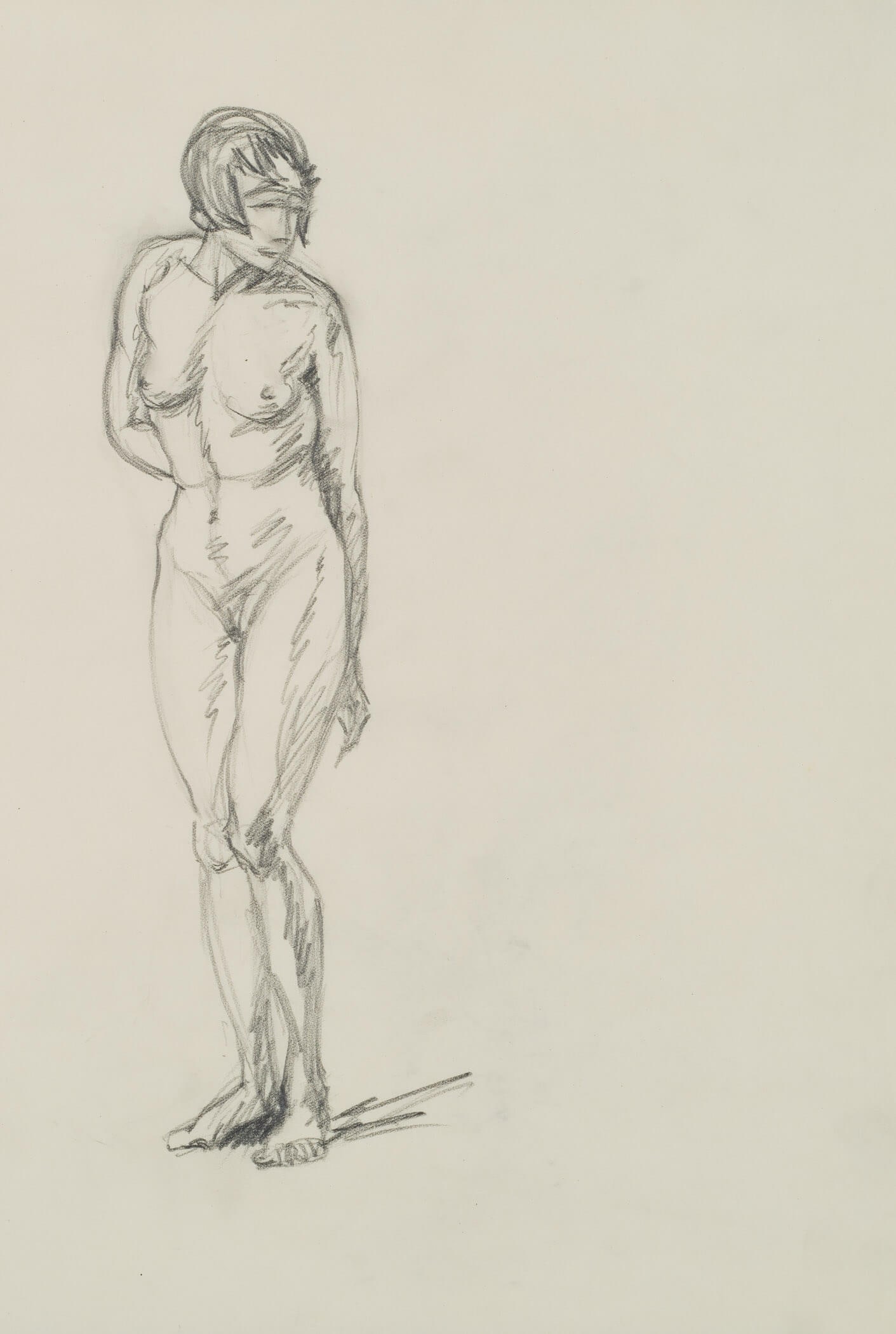 E. FÜRSTENAU (*1862), Female nude. Full-length, standing, 1920, Pencil: Eduard Fürstenau (1862 Marburg - 1938 Berlin): Female nude Full body, standing, 1920, Pencil Technique: Pencil on Transparent paper Date: 1920 Description: Right arm crossed behind the back. Head
