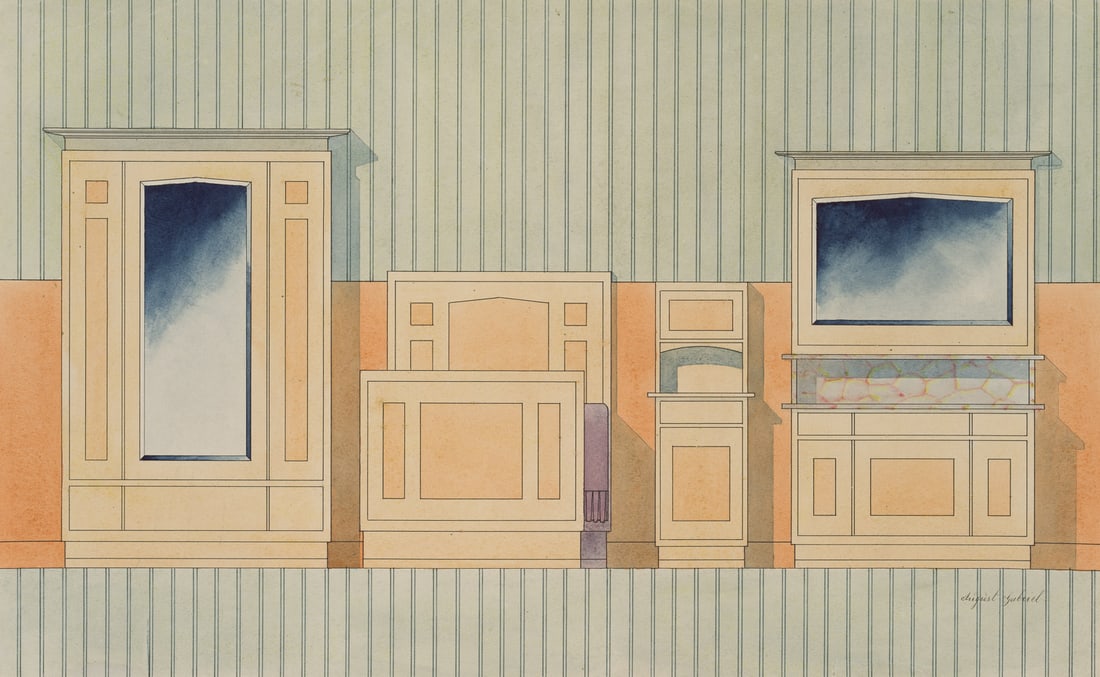 A. GABRIEL (20th), Bedroom furniture design, around 1910, Watercolor: August Gabriel (20th century): Furniture design for a bedroom, furniture and room design, wardrobe, chest of drawers, c. 1910, Pen drawing Technique: Watercolored Pen drawing on Paper Inscription: Sig