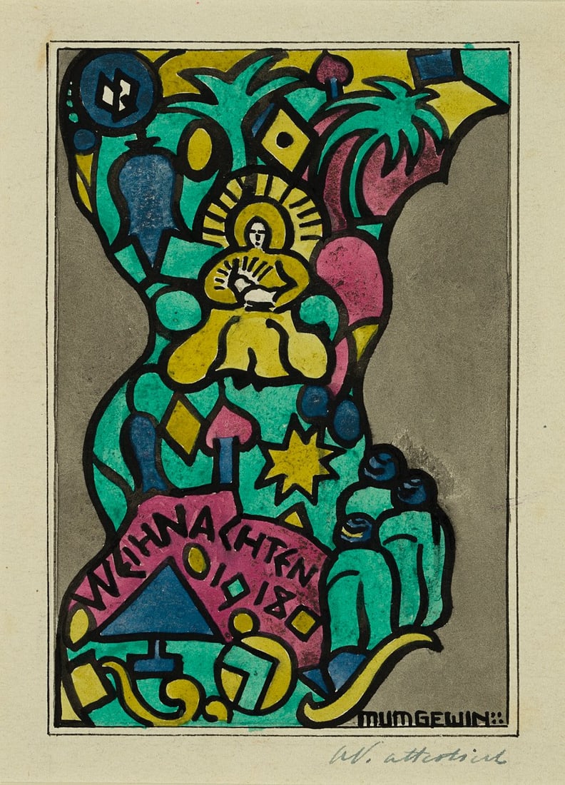 M. GEWIN (1900-1976), Christmas card design, 1918, Watercolor: Marinus Ursul Maria Gewin (1900 Obermenzing near Munich - 1976 Obermenzing): Christmas card design, 1918, Watercolor Technique: Watercolor and Indian ink on Paper Inscription: Inscribed in the image: 