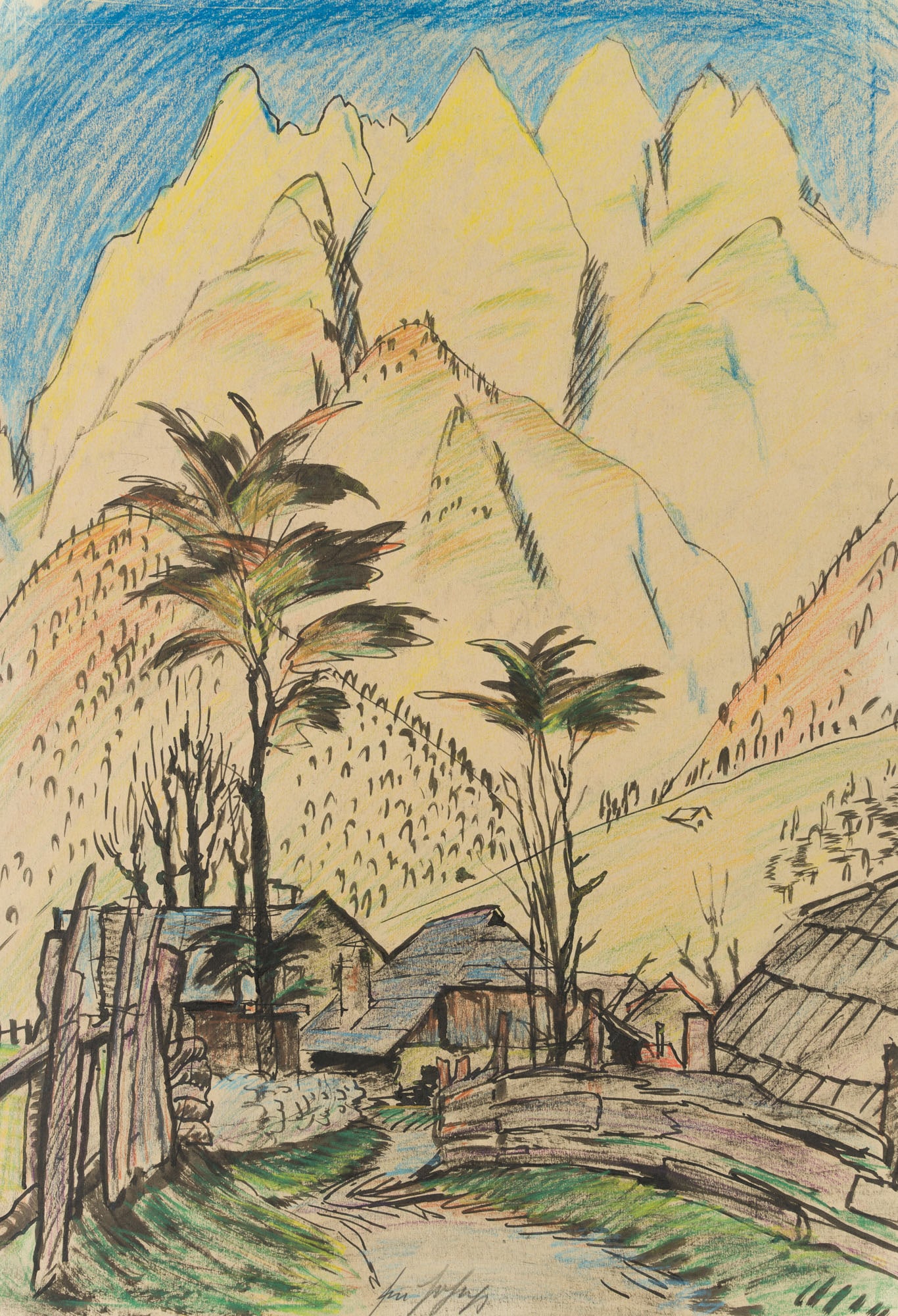 E. HOFER (*1900), A village in the mountains, around 1900, Indian ink (1 of 6)