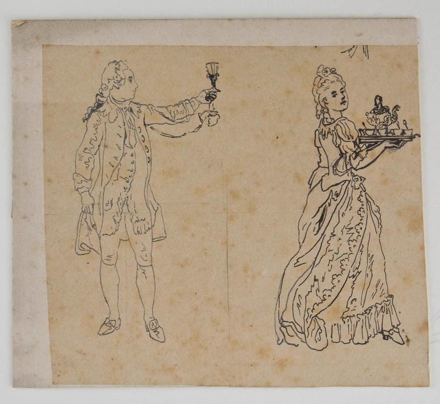 E. KLEPPER (1906-1980), Costume studies from the Rococo period, Pen drawing: Erhard Klepper (1906 Bytom - 1980 Berlin): Rococo costume studies and oriental weapons, 20th century, Pen drawing Technique: Pen drawing on Paper Date: 20th century Description: 19th century, 4 illust