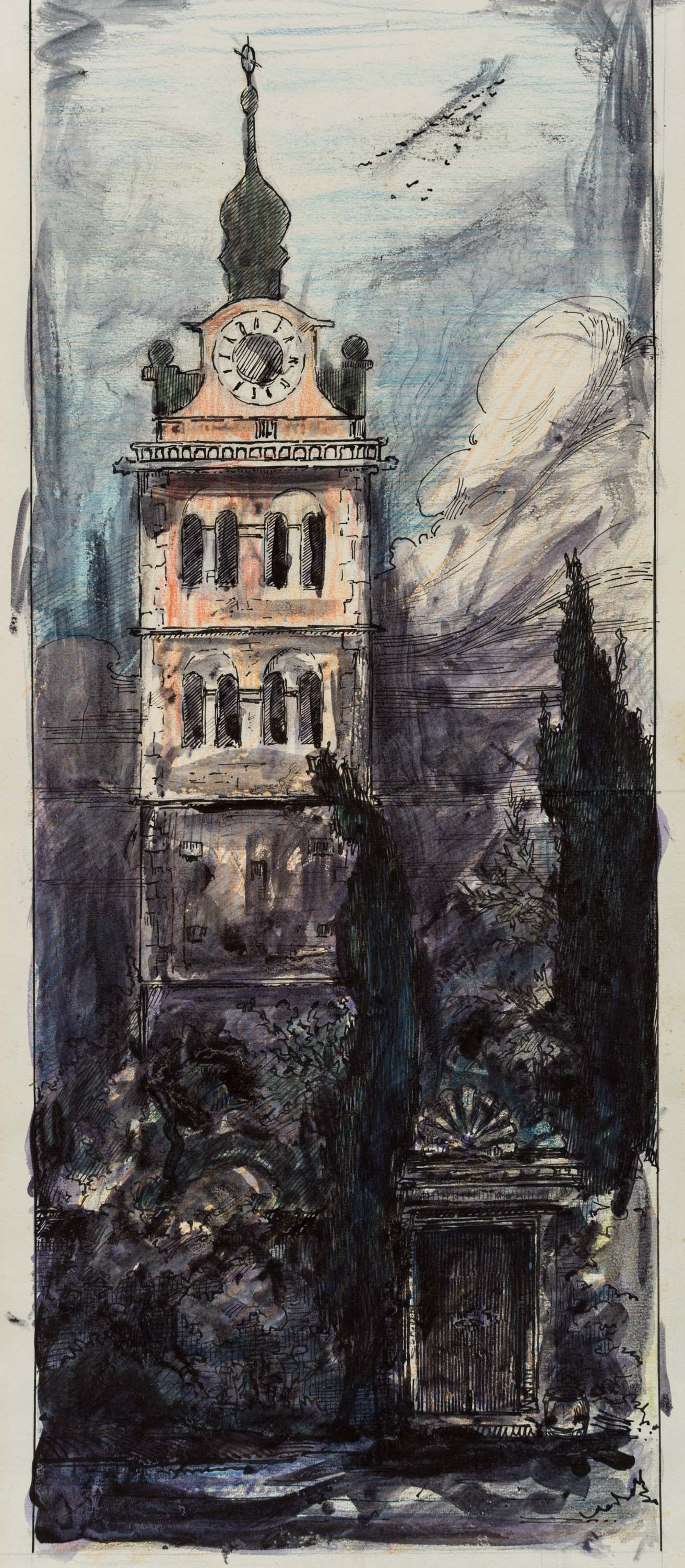 D. KÜNSTLER (19th), The clock tower at twilight, around 1900, Indian ink (1 of 4)