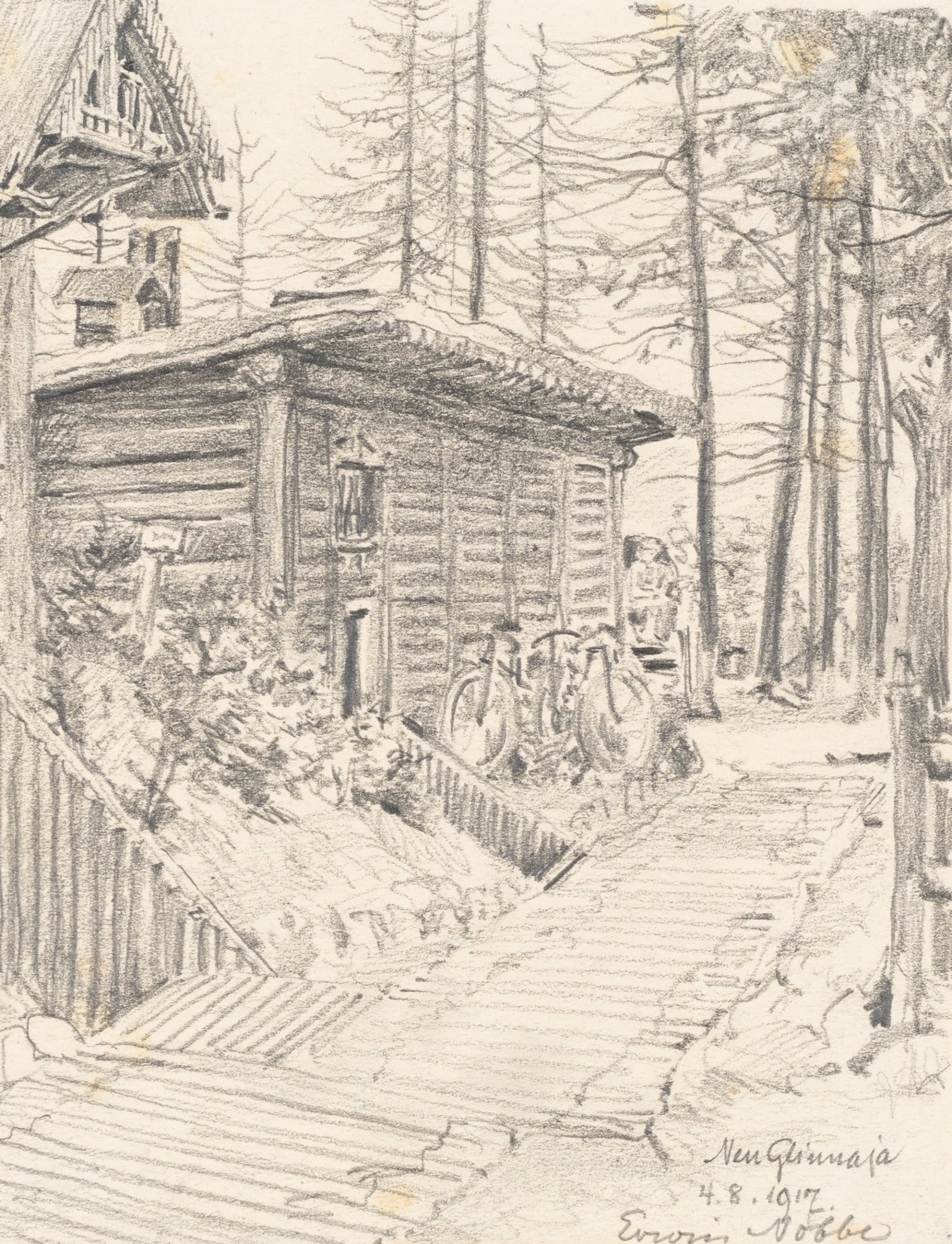 E. NÖBBE (1882-1948), Forest camp with a log cabin, 1917, Pencil (1 of 5)