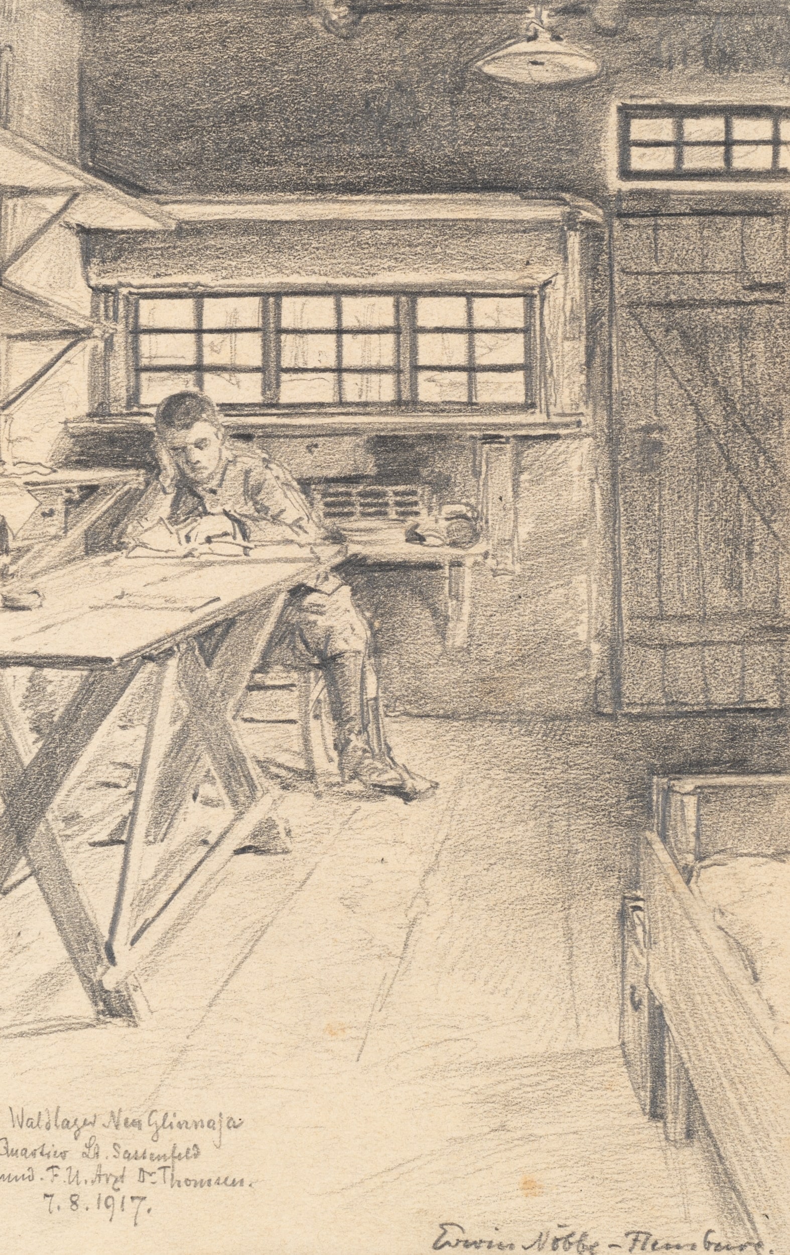 E. NÖBBE (1882-1948), Interior with a soldier reading, Smorgon, 1917, Pencil (1 of 5)