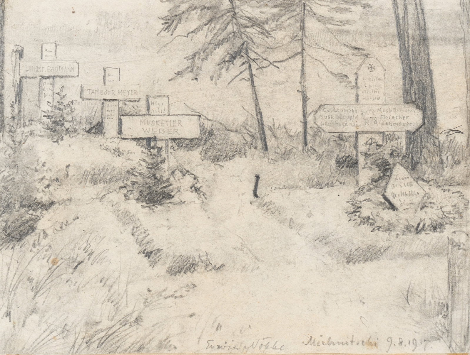 E. NÖBBE (1882-1948), Soldiers’ graves in the woods near Michnitsch, First World War, 1917,: Erwin Nöbbe (1882 Flensburg - 1948 ibid.): Soldiers' graves in the forest near Michnitschi, Smorgon, today Belarus, First World War, 1917, Pencil Technique: Pencil on Paper Inscription: Lower mid