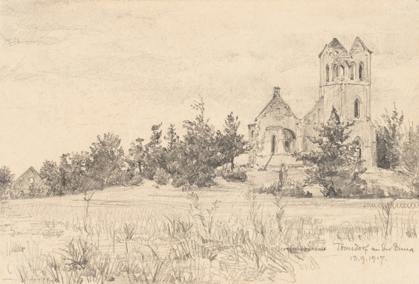 E. NÖBBE (1882-1948), Tomsdorf on the Düna, the First World War, 1917, Pencil: Erwin Nöbbe (1882 Flensburg - 1948 ibid.): Tomsdorf an der Düna, meadow landscape with church ruins, First World War, 1917, Pencil Technique: Pencil on Paper Inscription: Lower middle inscri