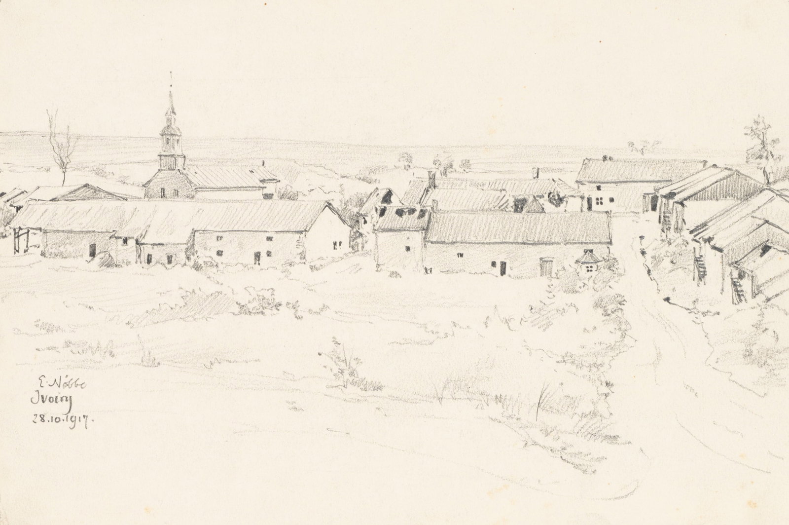 E. NÖBBE (1882-1948), A view of the village of Ivory near Montfaucon, 1917, Pencil: Erwin Nöbbe (1882 Flensburg - 1948 ibid.): Village view of Ivory near Montfaucon Regimental headquarters, 1917, Pencil Technique: Pencil on Paper Inscription: lower left signed: "E. Nöbbe". 