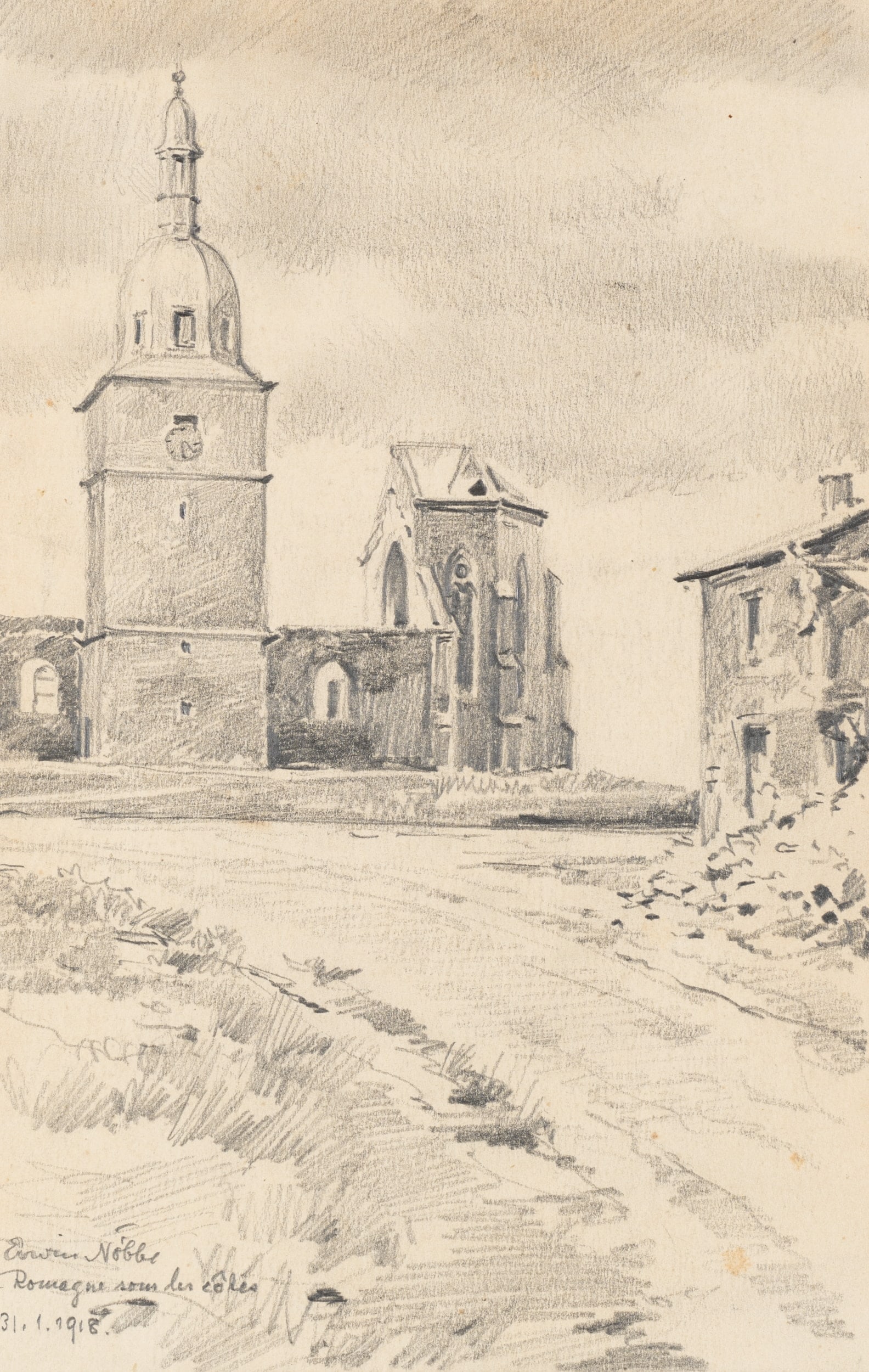 E. NÖBBE (1882-1948), View of the village with the church tower, 1918, Pencil: Erwin Nöbbe (1882 Flensburg - 1948 ibid.): Village view with church tower Historic village and church tower in Romagne, drawn in 1918, 1918, Pencil Technique: Pencil on Paper Inscription: lower l