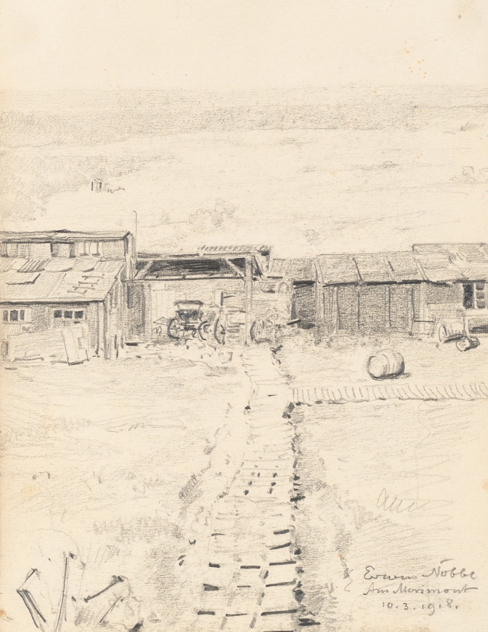 E. NÖBBE (1882-1948), Barracks camp near Romagne, 1918, Pencil: Erwin Nöbbe (1882 Flensburg - 1948 ibid.): Historical view of the barrack camp at Marimont near Romagne, 1918, Pencil Technique: Pencil on Paper Inscription: Lower right signed: "Erwin Nöbbe