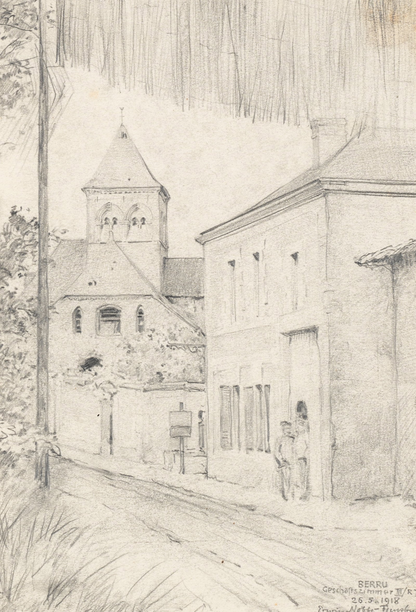 E. NÖBBE (1882-1948), A cityscape of the town of Berru with people in uniform, 1918, Pencil: Erwin Nöbbe (1882 Flensburg - 1948 ibid.): Historic street scene of Berru with uniformed men in front of office III, 1918, Pencil Technique: Pencil on Paper Inscription: Lower right signed: "Erwi