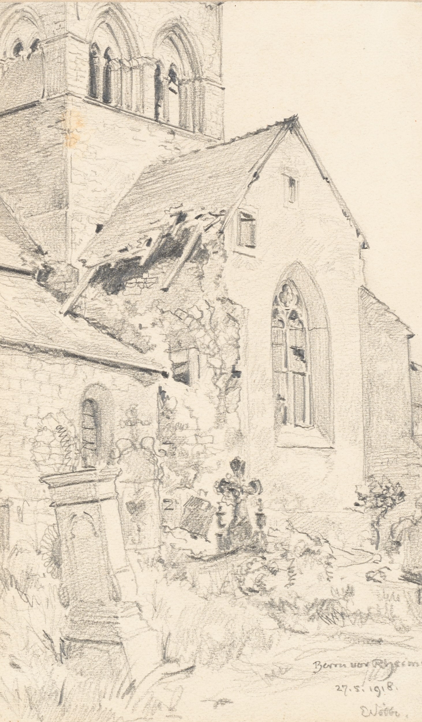 E. NÖBBE (1882-1948), A destroyed church near Reims, the First World War, 1918, Pencil: Erwin Nöbbe (1882 Flensburg - 1948 ibid.): Depiction of the war-damaged church in Berru near Reims, 1918, Pencil Technique: Pencil on Paper Inscription: Lower right signed: "ENöbbe.". Lower 
