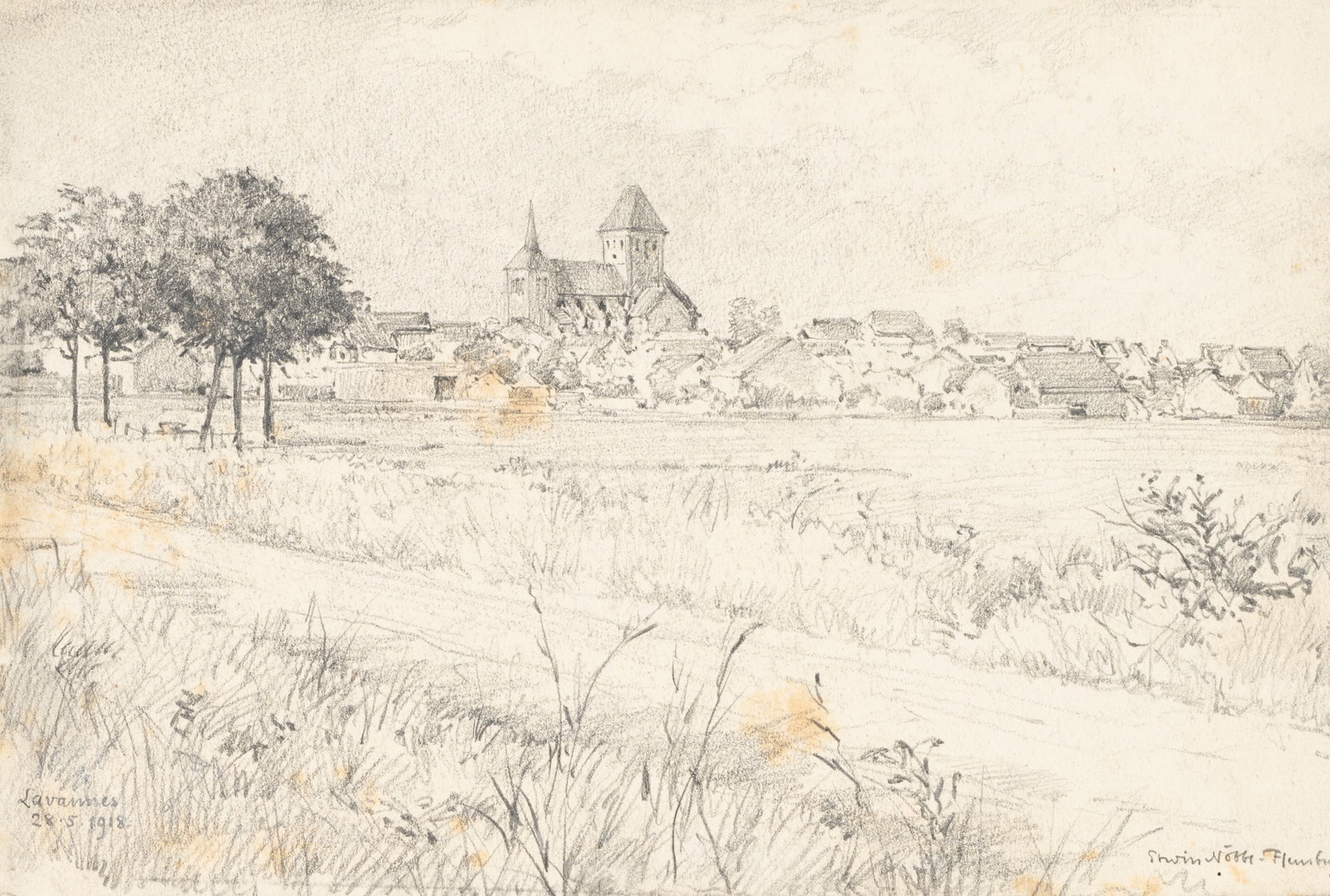 E. NÖBBE (1882-1948), A view of the village of Lavannes near Reims, 1918, Pencil: Erwin Nöbbe (1882 Flensburg - 1948 ibid.): Meadow landscape with a view of the village of Lavannes near Reims, 1918, Pencil Technique: Pencil on Paper Inscription: Lower right signed: "Erwin N