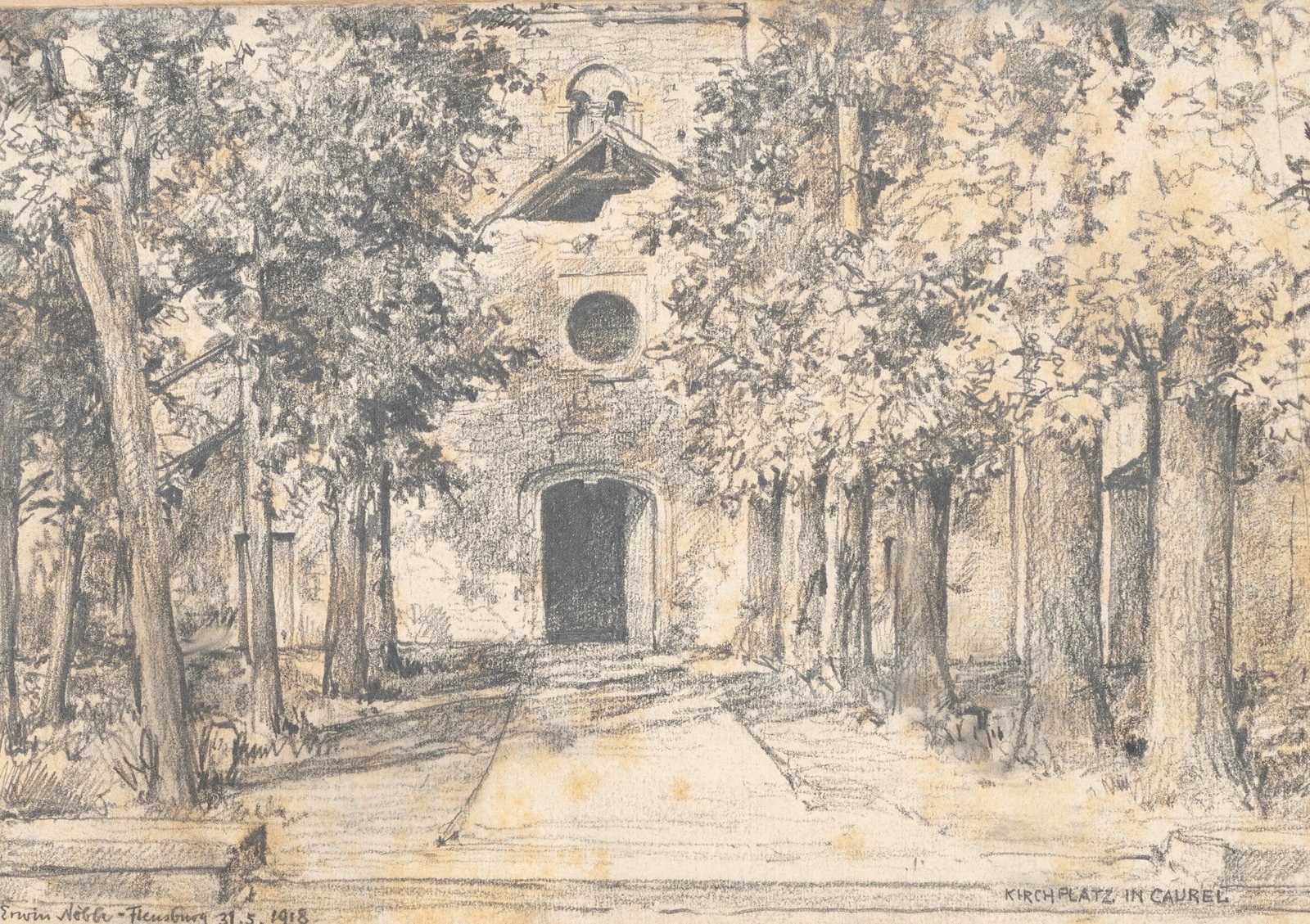 E. NÖBBE (1882-1948), Church Square in Caurel, 1918, Pencil: Erwin Nöbbe (1882 Flensburg - 1948 ibid.): Church square in Caurel Entrance to the church with avenue 1914 muster ground, 1918, Pencil Technique: Pencil on Paper Inscription: lower left signed: "