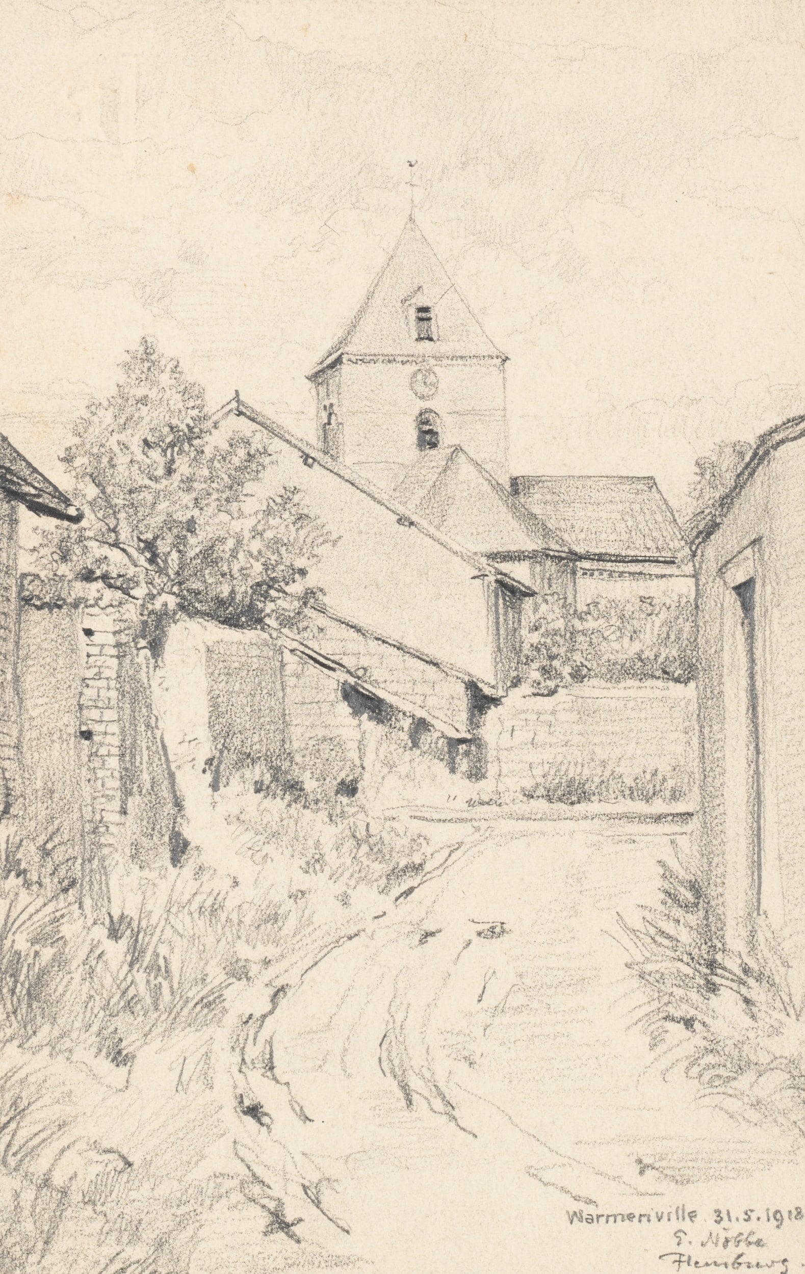 E. NÖBBE (1882-1948), View of Warmeriville, 1918, Pencil: Erwin Nöbbe (1882 Flensburg - 1948 ibid.): In the streets of Warmeriville, north-east of Reims with a view of the church tower, 1918, Pencil Technique: Pencil on Paper Inscription: Lower right si
