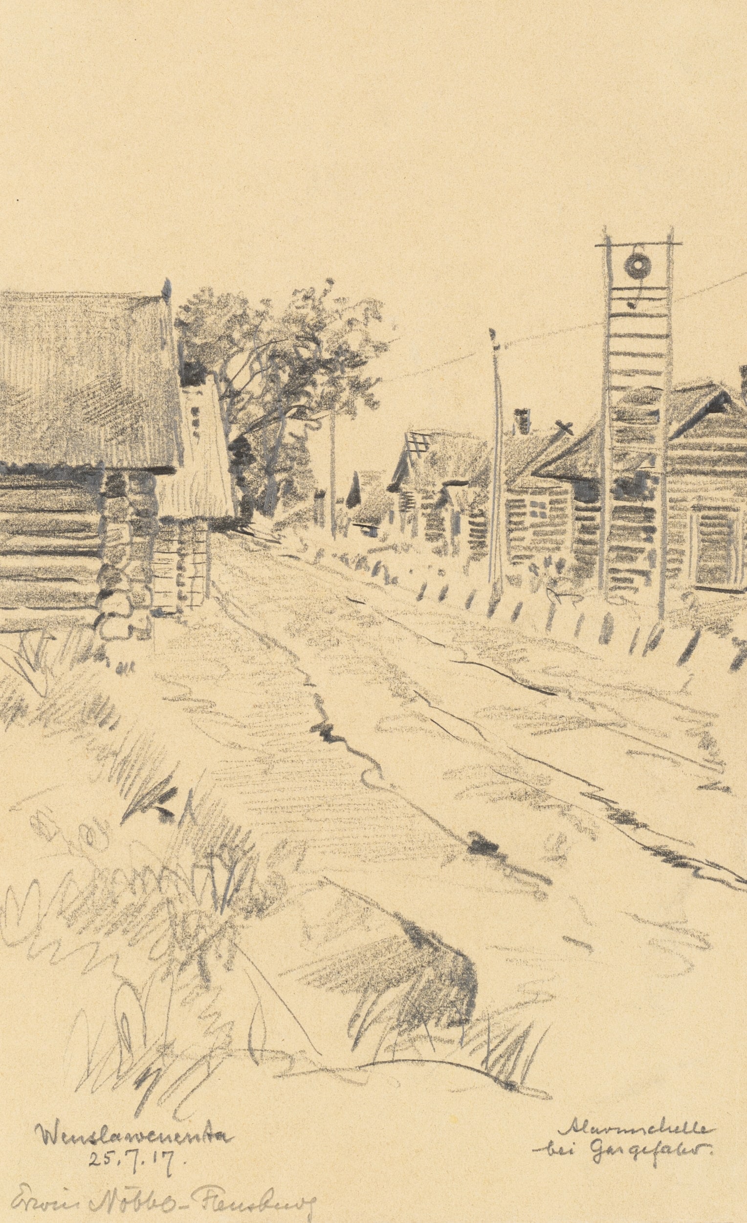 E. NÖBBE (1882-1948), A village near Smorgon with wooden houses, 1917, Pencil: Erwin Nöbbe (1882 Flensburg - 1948 ibid.): Village near Smorgon with wooden houses and alarm bell in case of gas danger, 1917, 1917, Pencil Technique: Pencil on Paper Inscription: lower left sign