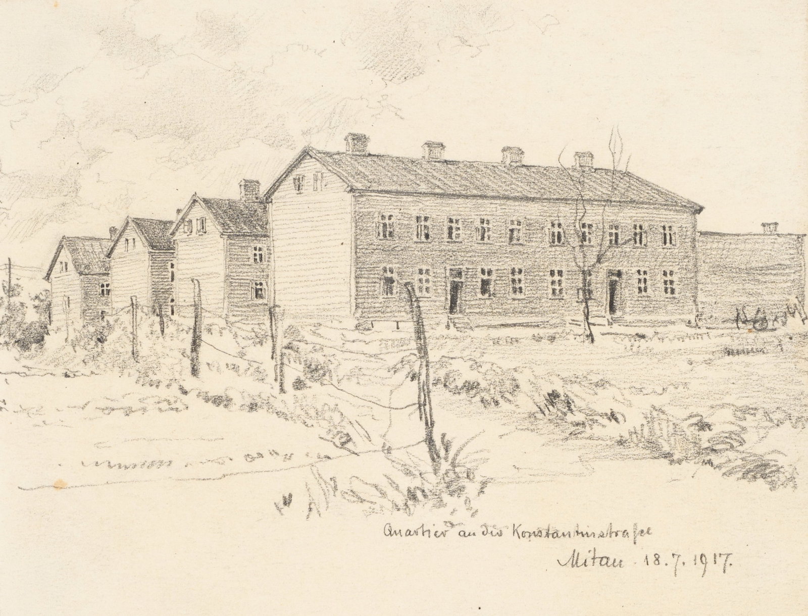 E. NÖBBE (1882-1948), View of the Russian Dragoon Barracks, 1917, Pencil: Erwin Nöbbe (1882 Flensburg - 1948 ibid.): Sketch of a historic barracks in Mitau (today Jelgava), quarters of the II Battalion, 1917, Pencil Technique: Pencil on Paper Inscription: At the lower 