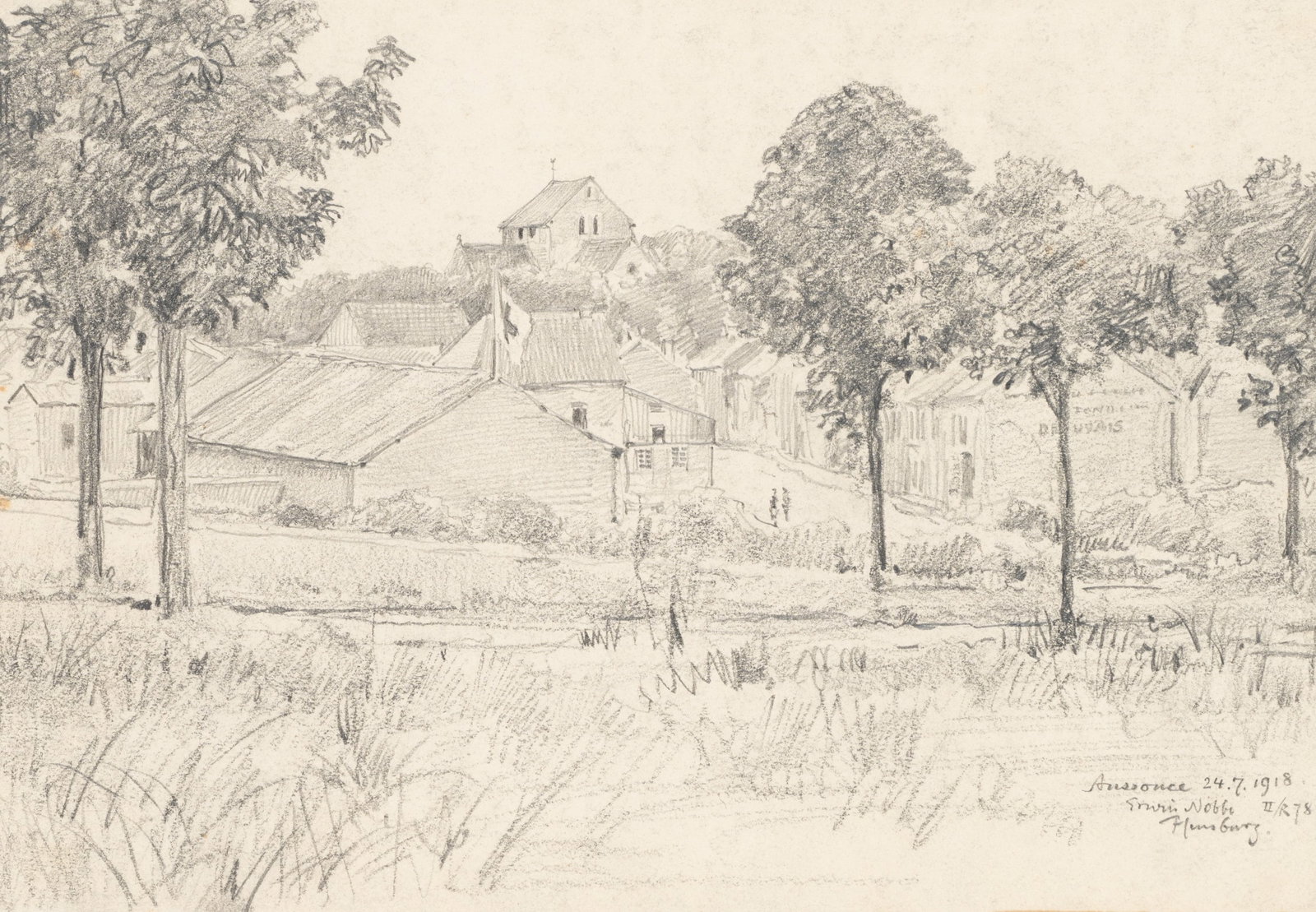 E. NÖBBE (1882-1948), A rural view of the village of Aussonce, 1918, Pencil: Erwin Nöbbe (1882 Flensburg - 1948 ibid.): Rural village view of Aussonce Idyllic village view with trees and architecture, 1918, Pencil Technique: Pencil on Paper Inscription: Lower right signed