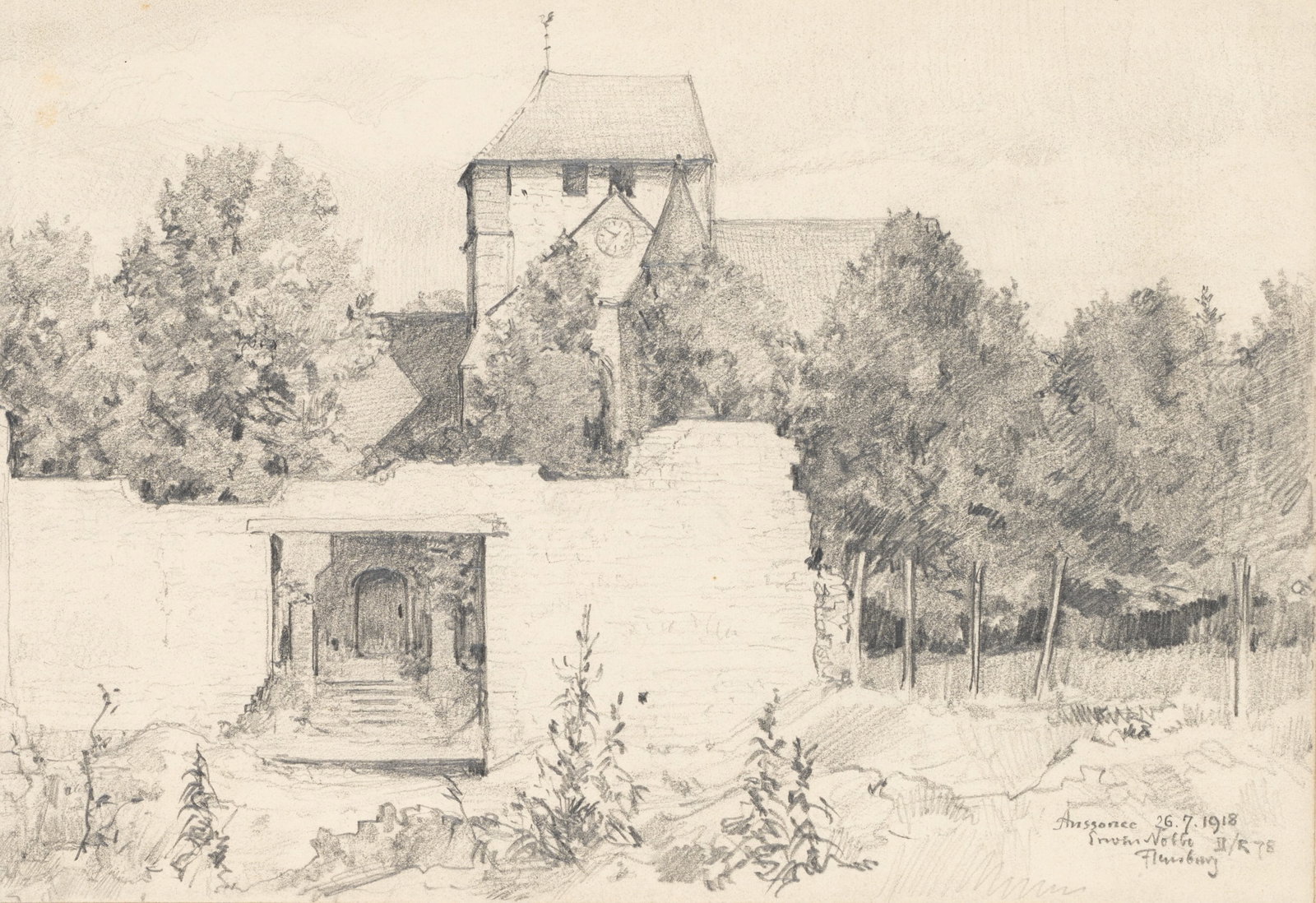 E. NÖBBE (1882-1948), Masonry riddled with bullet holes, Aussonce, 1918, Pencil: Erwin Nöbbe (1882 Flensburg - 1948 ibid.): View of a shattered wall and fortress in the background, Aussance, 1918, Pencil Technique: Pencil on Paper Inscription: Lower right signed: "Erwin N