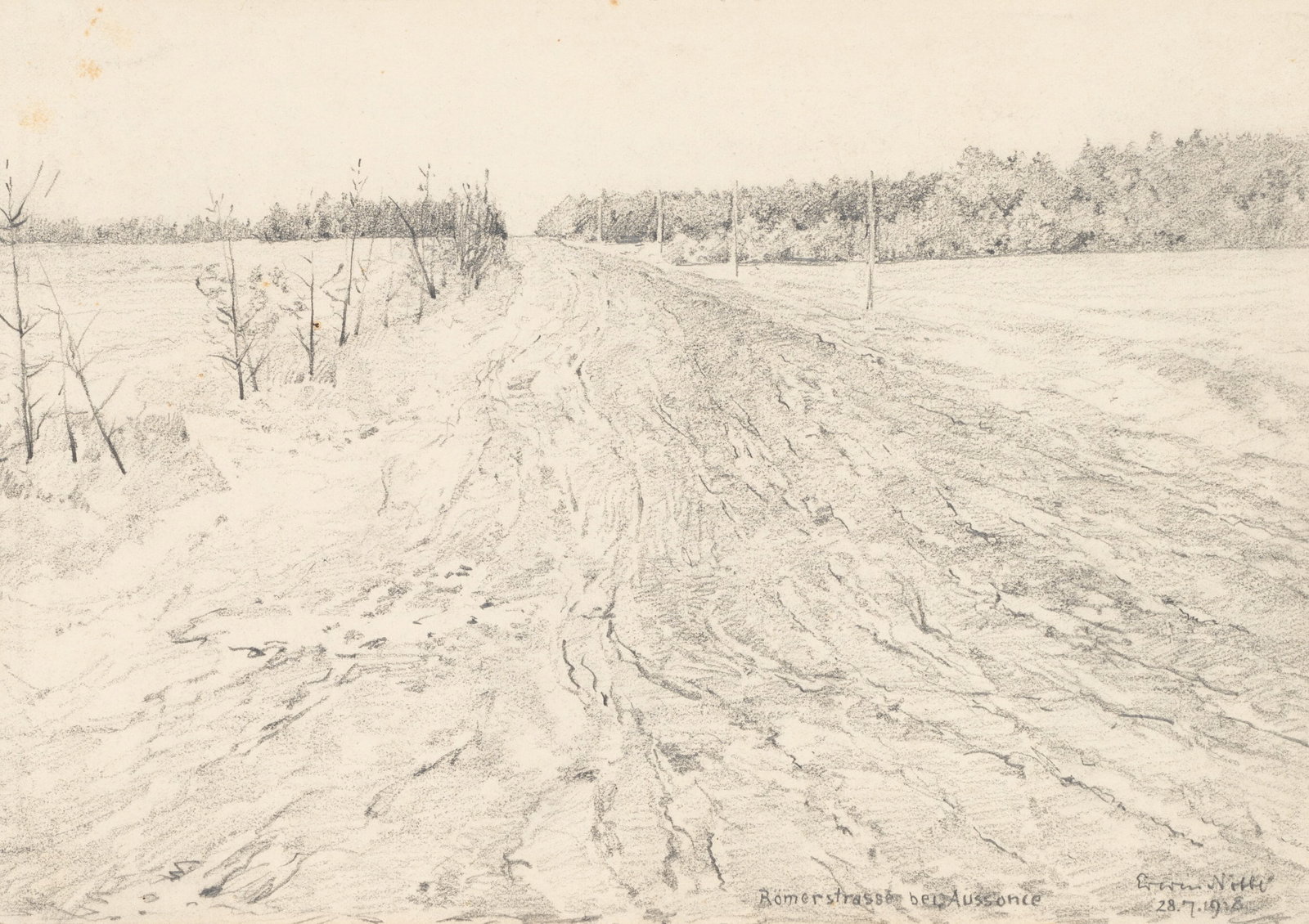 E. NÖBBE (1882-1948), Roman road near Aussonce, 1918, Pencil: Erwin Nöbbe (1882 Flensburg - 1948 ibid.): View of the Roman road near Aussonce, 1918, Pencil Technique: Pencil on Paper Inscription: Lower right signed: "Erwin Nöbbe". Lower right inscribed