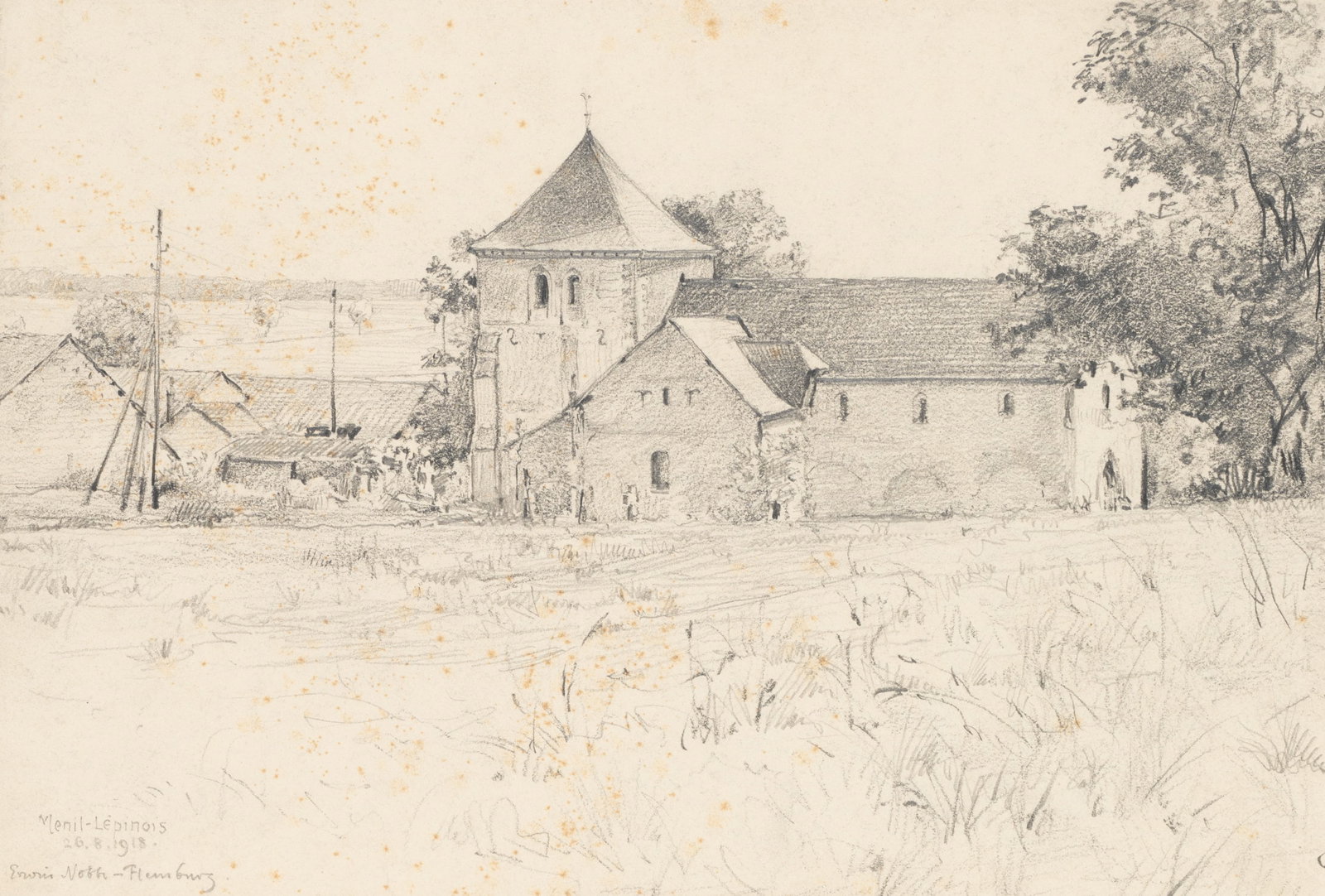 E. NÖBBE (1882-1948), Rural scene with a church, 1918, Pencil: Erwin Nöbbe (1882 Flensburg - 1948 ibid.): Romanesque church in a rural setting, Menil Lepinois, 1918, Pencil Technique: Pencil on Paper Inscription: lower left signed: "Erwin Nöbbe - Flensb