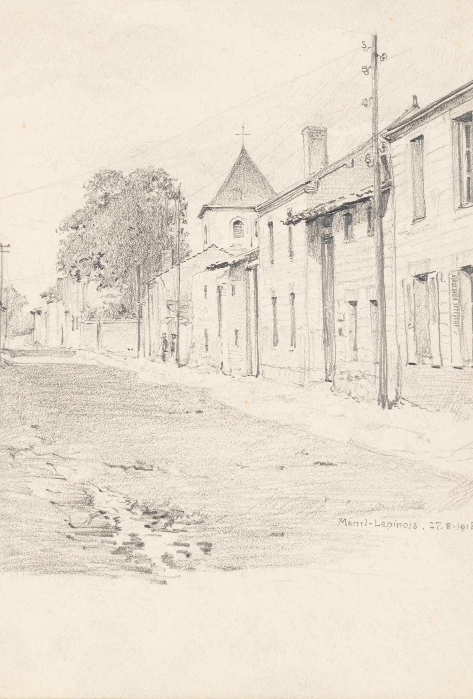 E. NÖBBE (1882-1948), Historic village street, 1918, Pencil: Erwin Nöbbe (1882 Flensburg - 1948 ibid.): View of a quiet village street with church tower Menil Lepinois, 1918, Pencil Technique: Pencil on Paper Inscription: Lower right inscribed by the artis