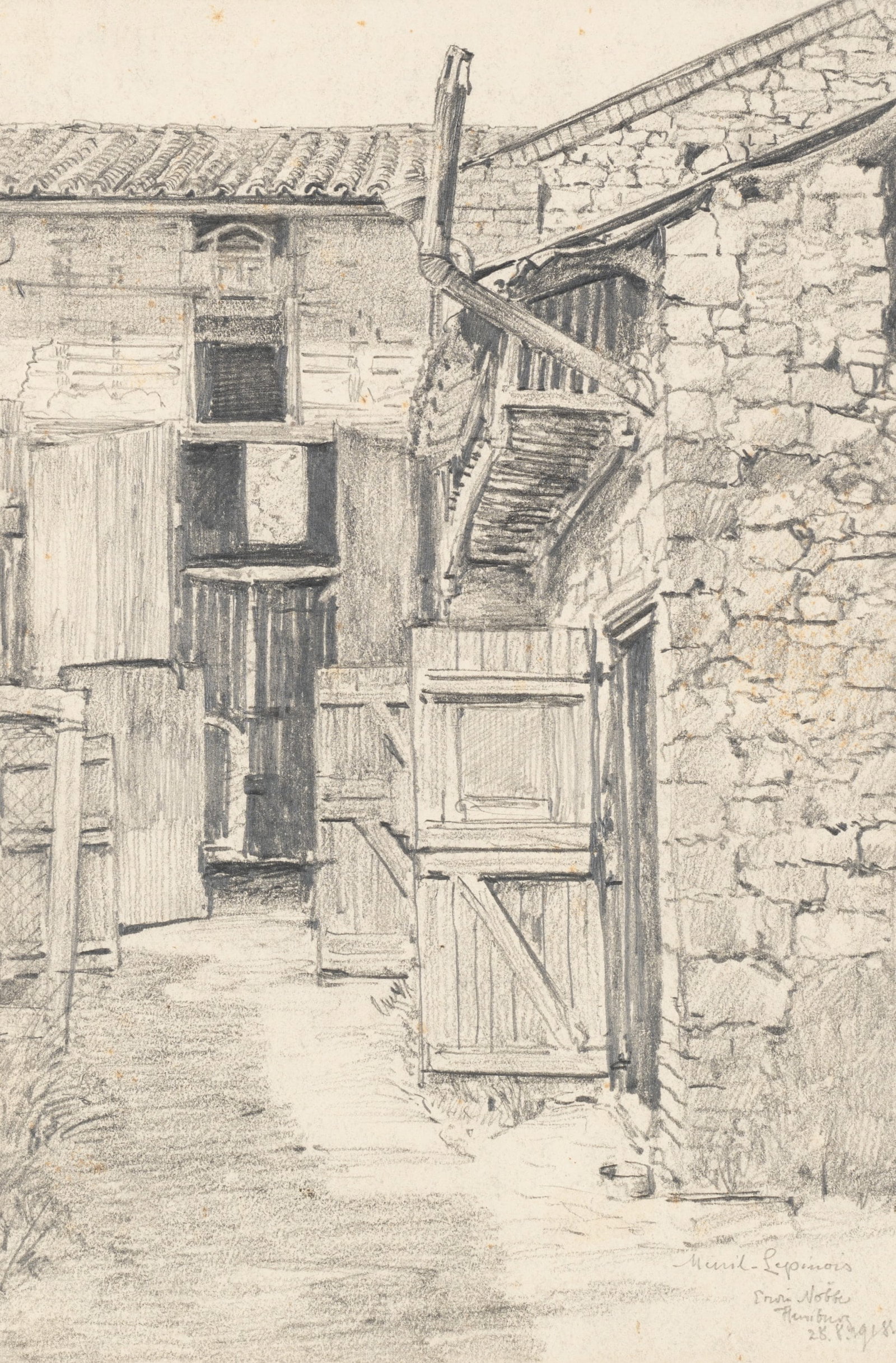 E. NÖBBE (1882-1948), A rustic architectural view. A French farmhouse, 1918, Pencil: Erwin Nöbbe (1882 Flensburg - 1948 ibid.): Detailed depiction of a rustic building in the French municipality of Menil Lepinois, Ardennes, 1918, Pencil Technique: Pencil on Paper Inscription: Low