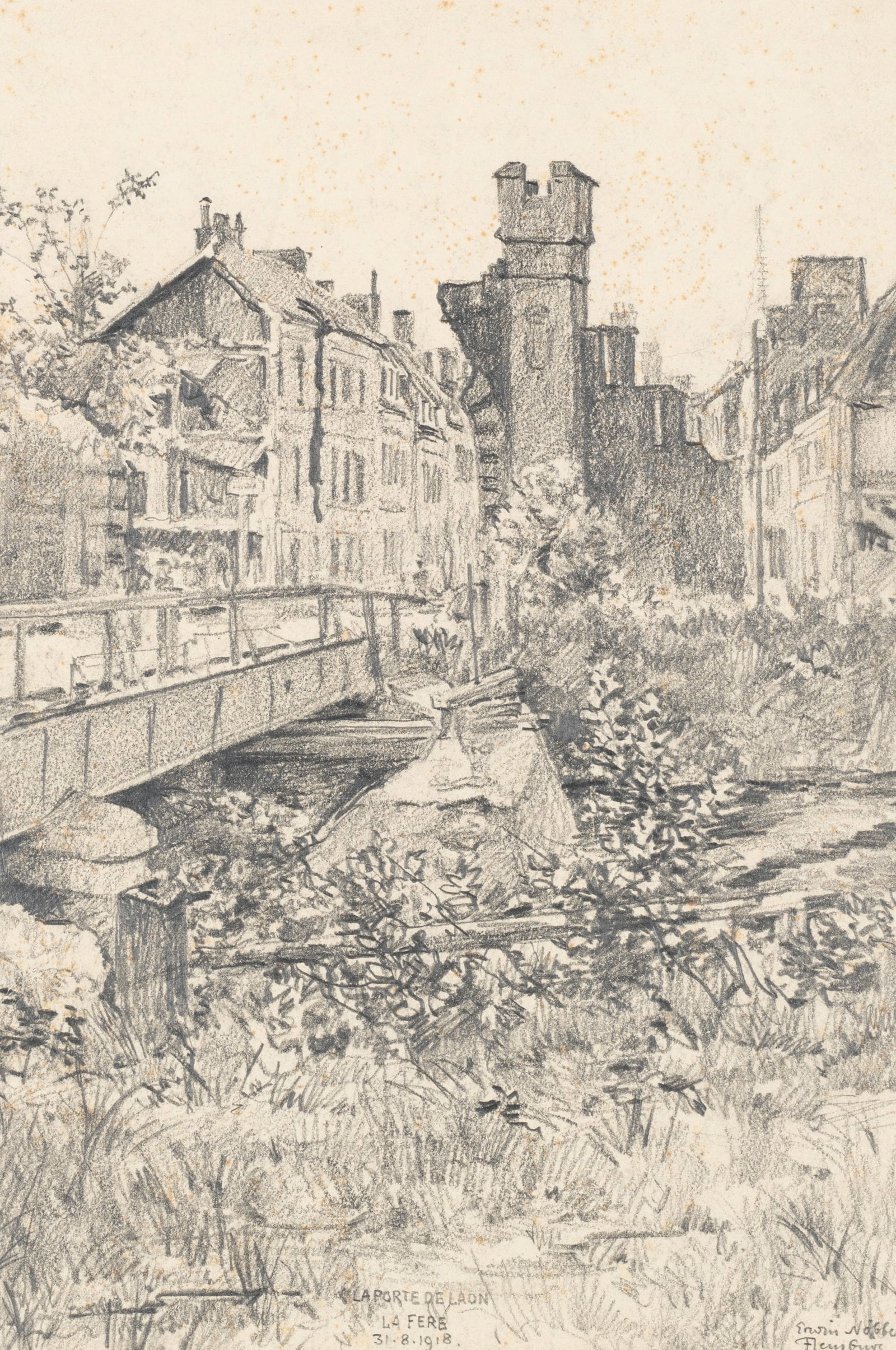 E. NÖBBE (1882-1948), A cityscape showing war damage. La Fère, 1918, Pencil: Erwin Nöbbe (1882 Flensburg - 1948 ibid.): Historic town view with war damage La Fère, Hauts-de-France region, 1918, Pencil Technique: Pencil on Paper Inscription: Lower right signed: "Erwin