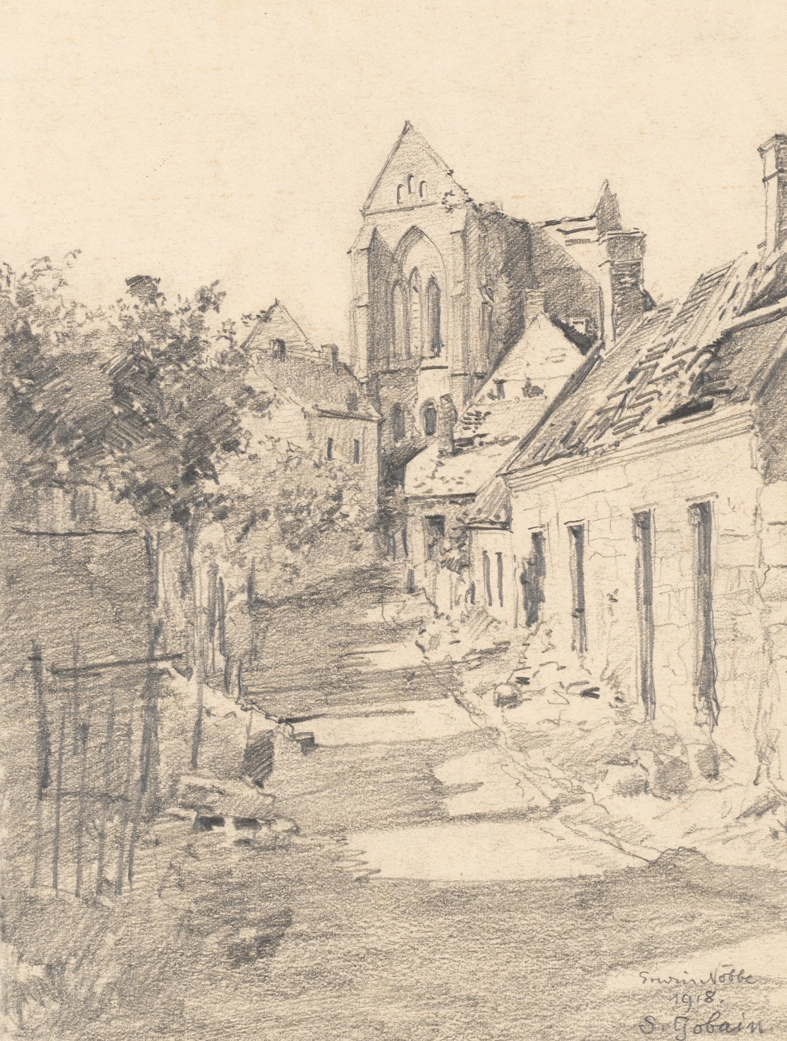 E. NÖBBE (1882-1948), War damage in St. Gobain. Street scene, 1918, Pencil: Erwin Nöbbe (1882 Flensburg - 1948 ibid.): St Gobain destroyed in the war Street scene with cathedral First World War, 1918, Pencil Technique: Pencil on Paper Inscription: Lower right signed: "Er